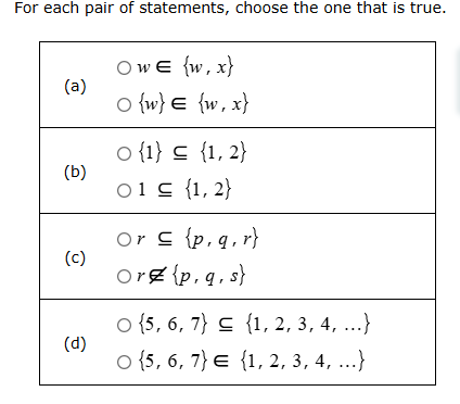 for each pair of statements, choose the one that is true. (a) - ( w in …
