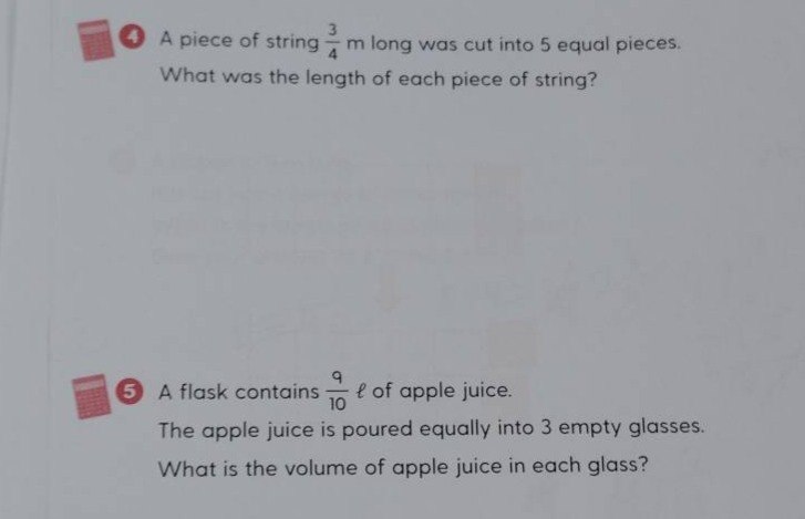 4 a piece of string \\(\\frac{3}{4}\\) m long was cut into 5 equal piec…
