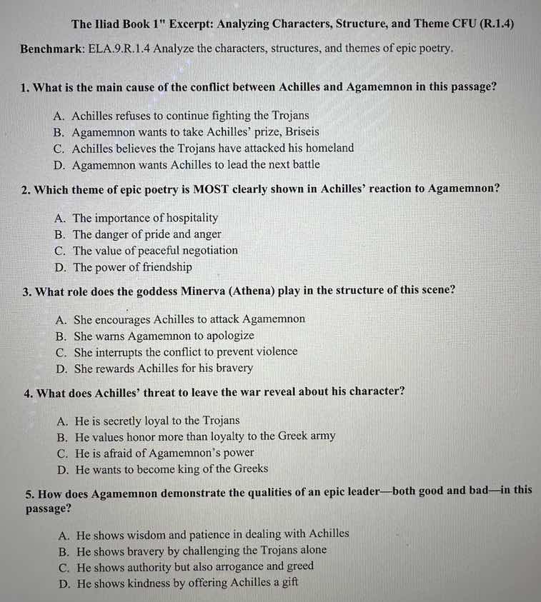 the iliad book 1\ excerpt: analyzing characters, structure, and theme c…