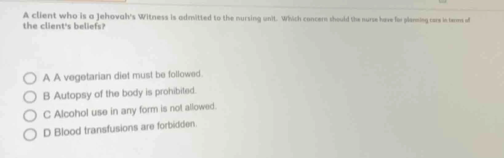 a client who is a jehovahs witness is admitted to the nursing unit. whi…