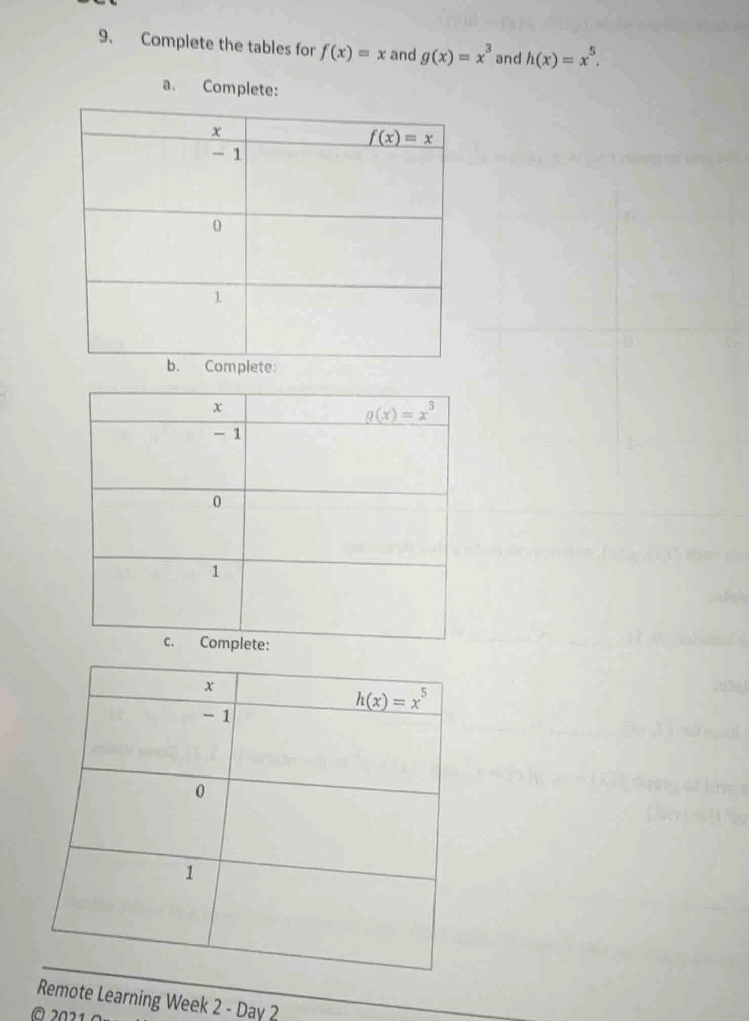 9. complete the tables for $f(x) = x$ and $g(x) = x^3$ and $h(x) = x^5$…