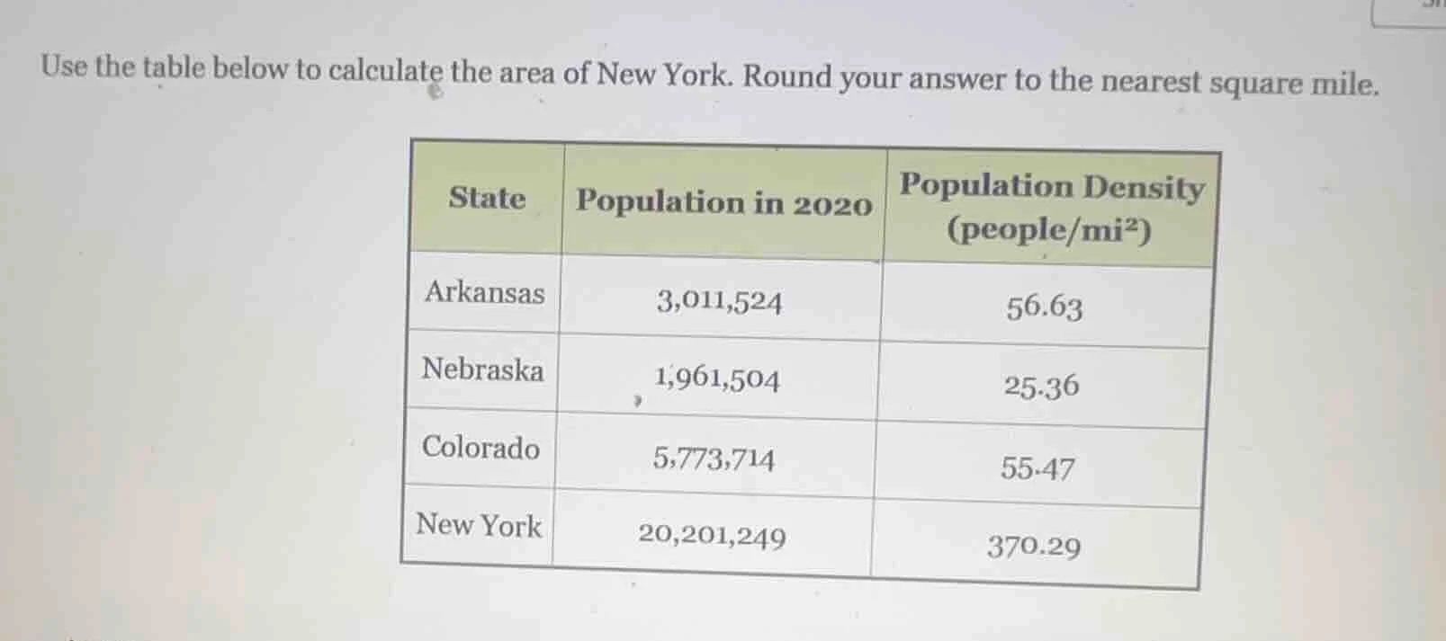 use the table below to calculate the area of new york. round your answe…