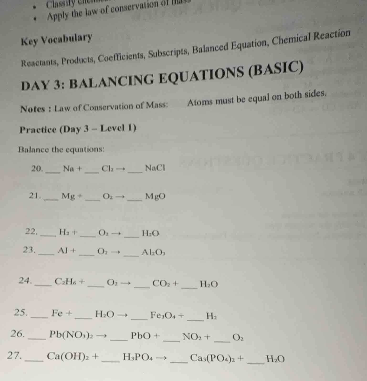 key vocabulary reactants, products, coefficients, subscripts, balanced …