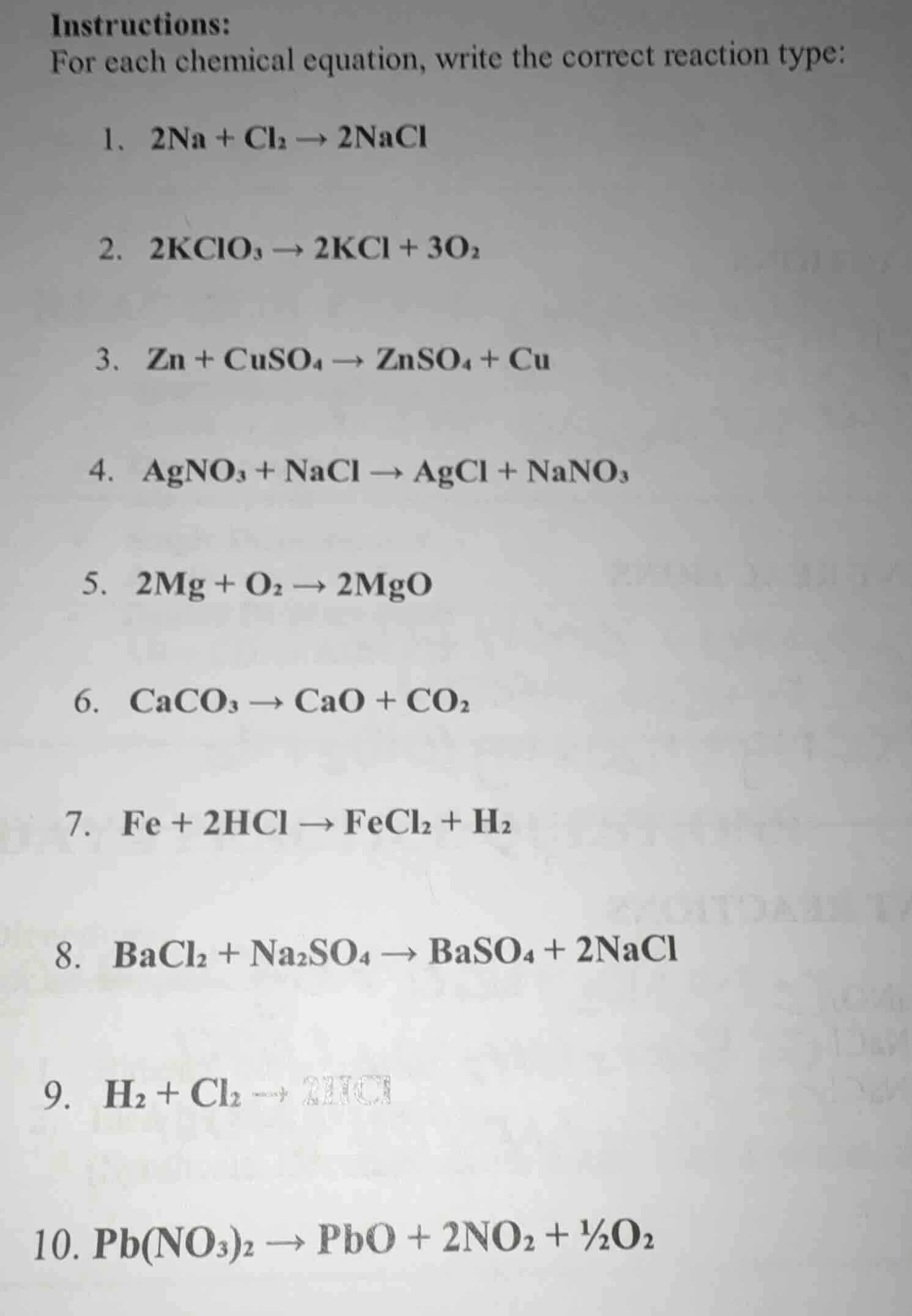 instructions: for each chemical equation, write the correct reaction ty…
