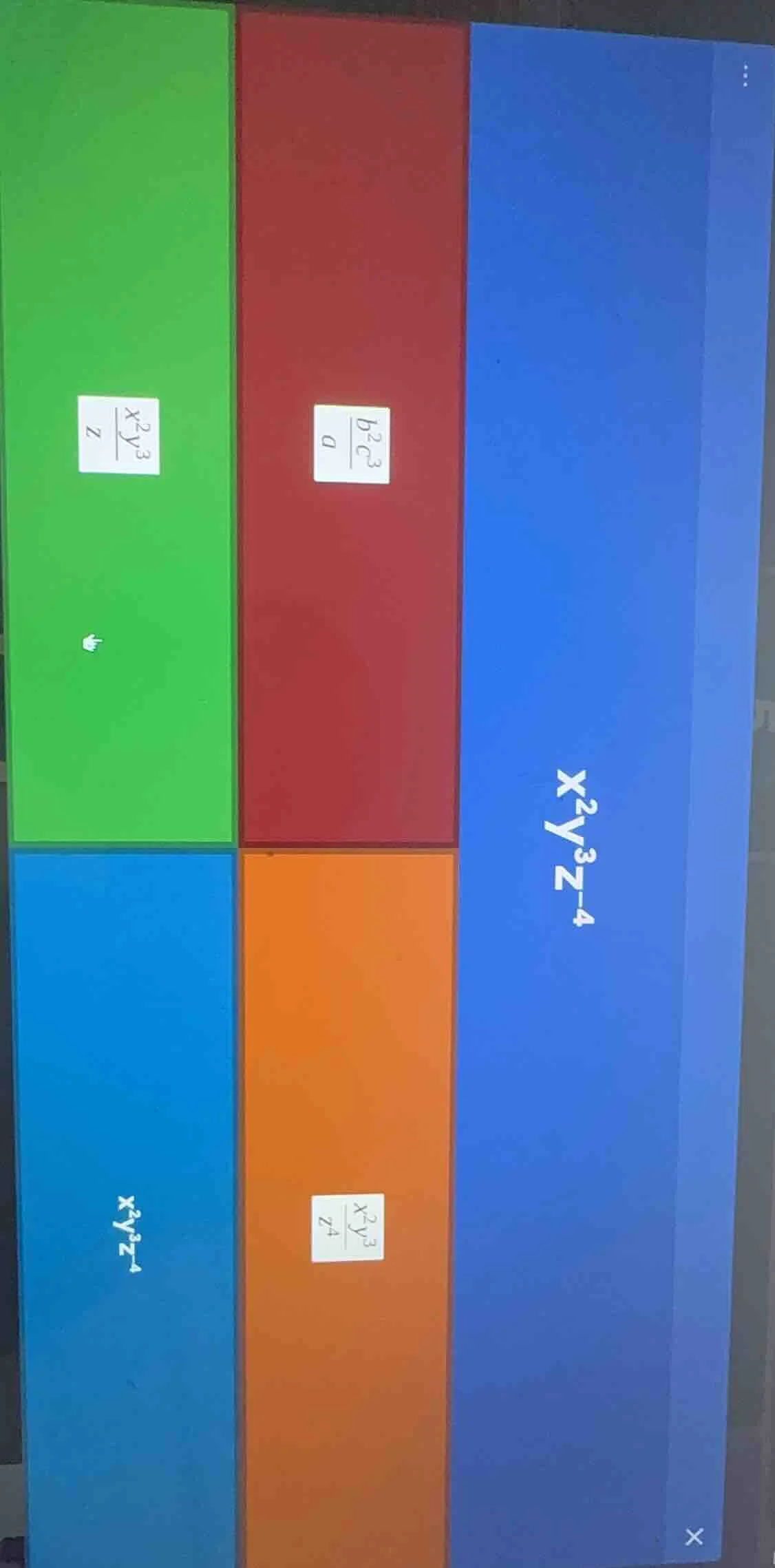 there are some algebraic expressions: ( \frac{x^{2}y^{3}}{z} ), ( \frac…