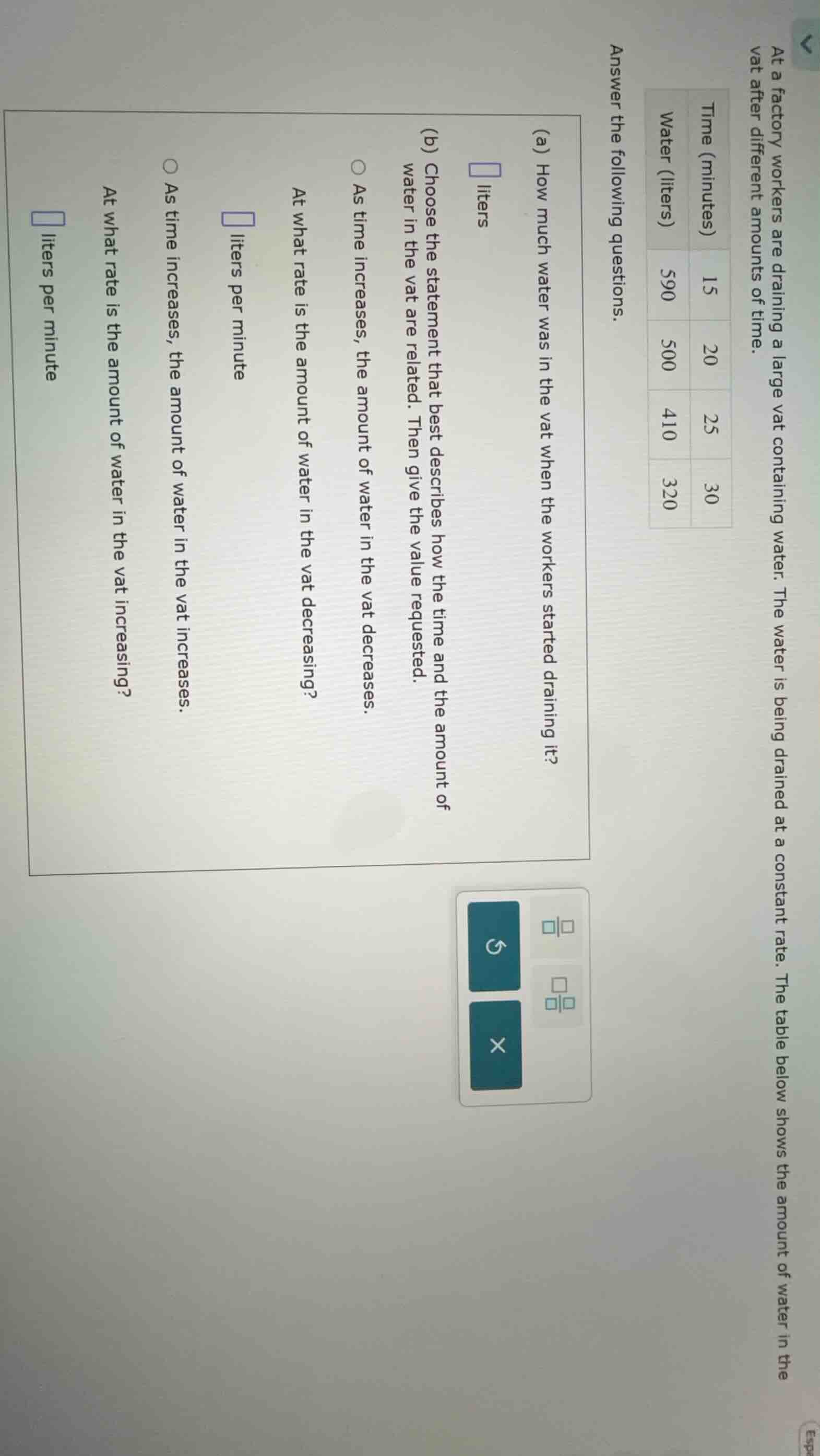 at a factory workers are draining a large vat containing water. the wat…