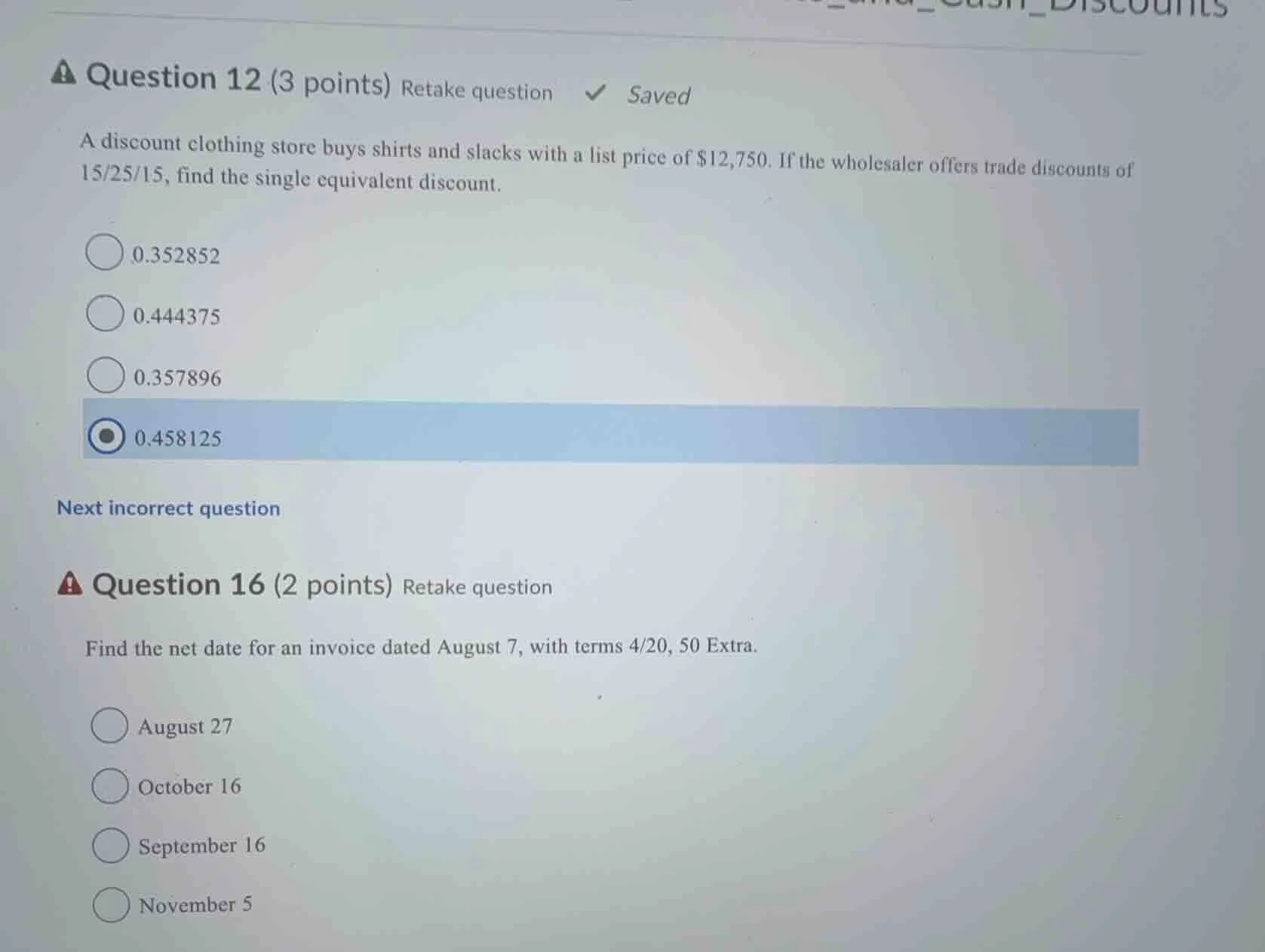 question 12 (3 points) retake question ✔ saved a discount clothing stor…