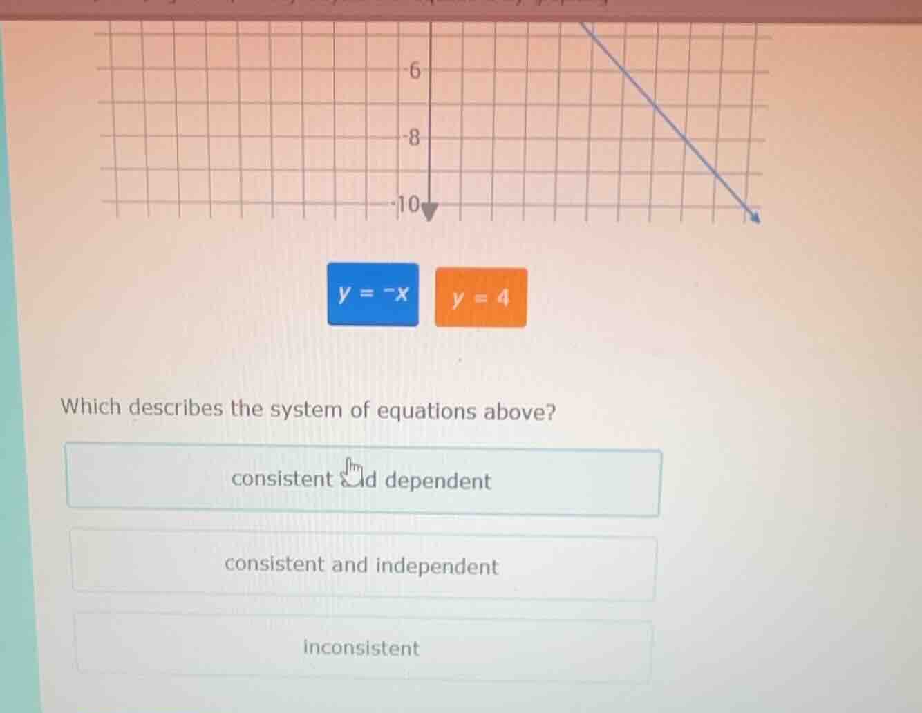y = -x\ y = 4\ which describes the system of equations above?\ consiste…