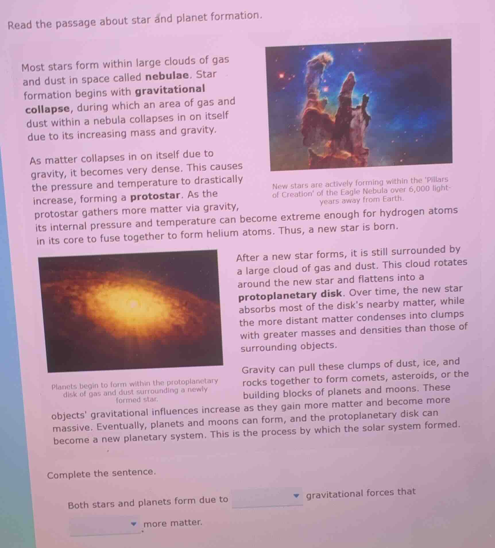 read the passage about star and planet formation. most stars form withi…
