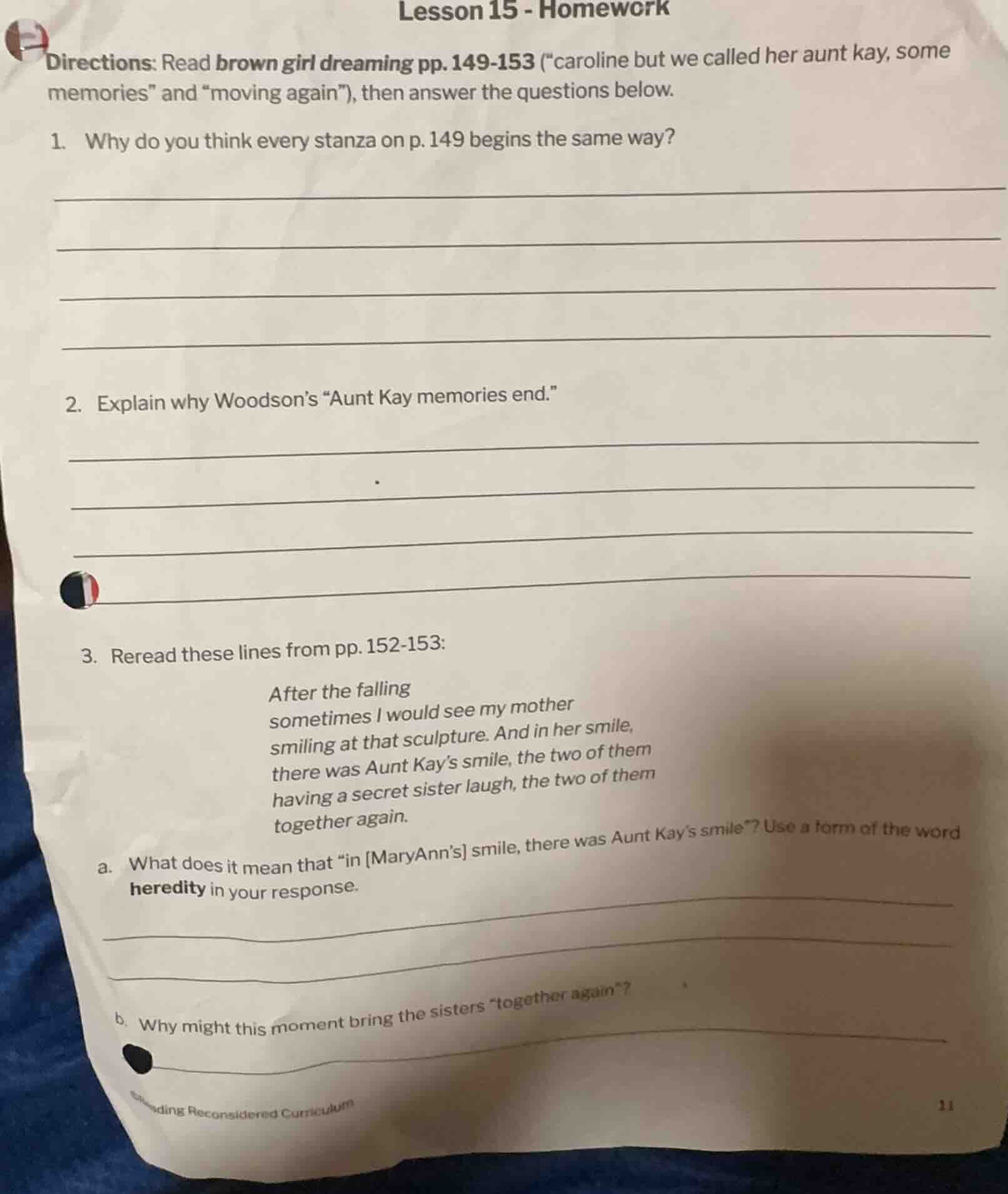 lesson 15 - homework directions: read brown girl dreaming pp. 149 - 153…