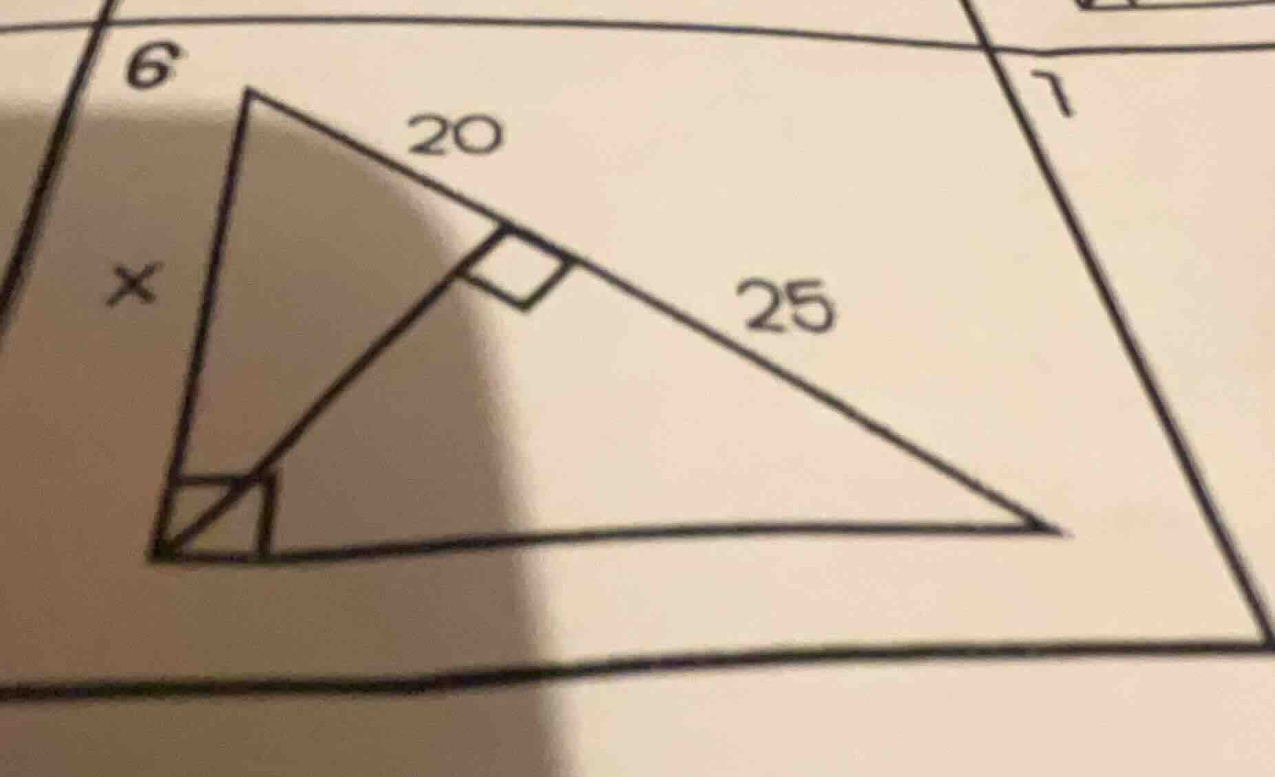 in the right triangle, there are segments labeled 20, 25, and a side la…
