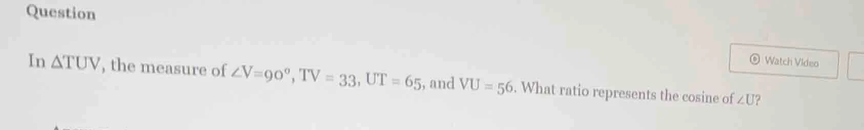 question in $\\triangle tuv$, the measure of $\\angle v = 90^\\circ$, $…