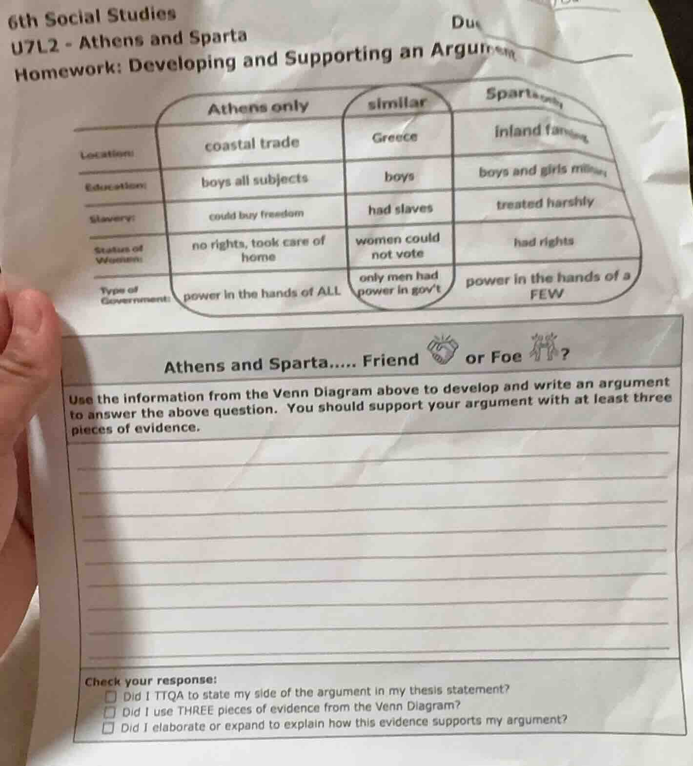 6th social studies u7l2 - athens and sparta due homework: developing an…