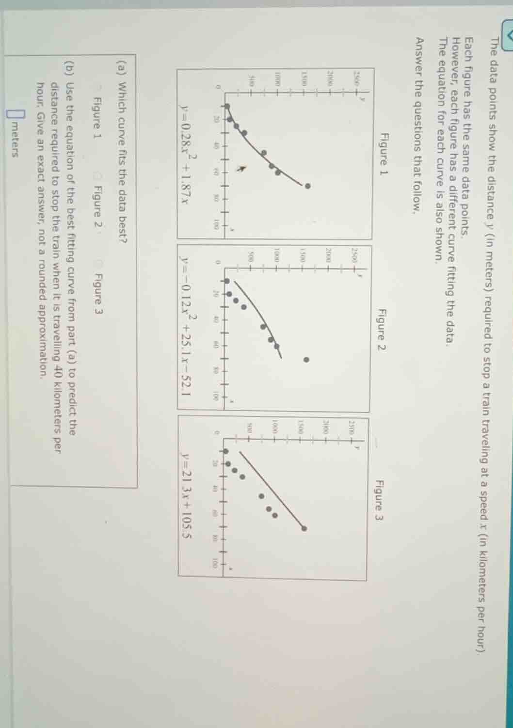 the data points show the distance ( y ) (in meters) required to stop a …