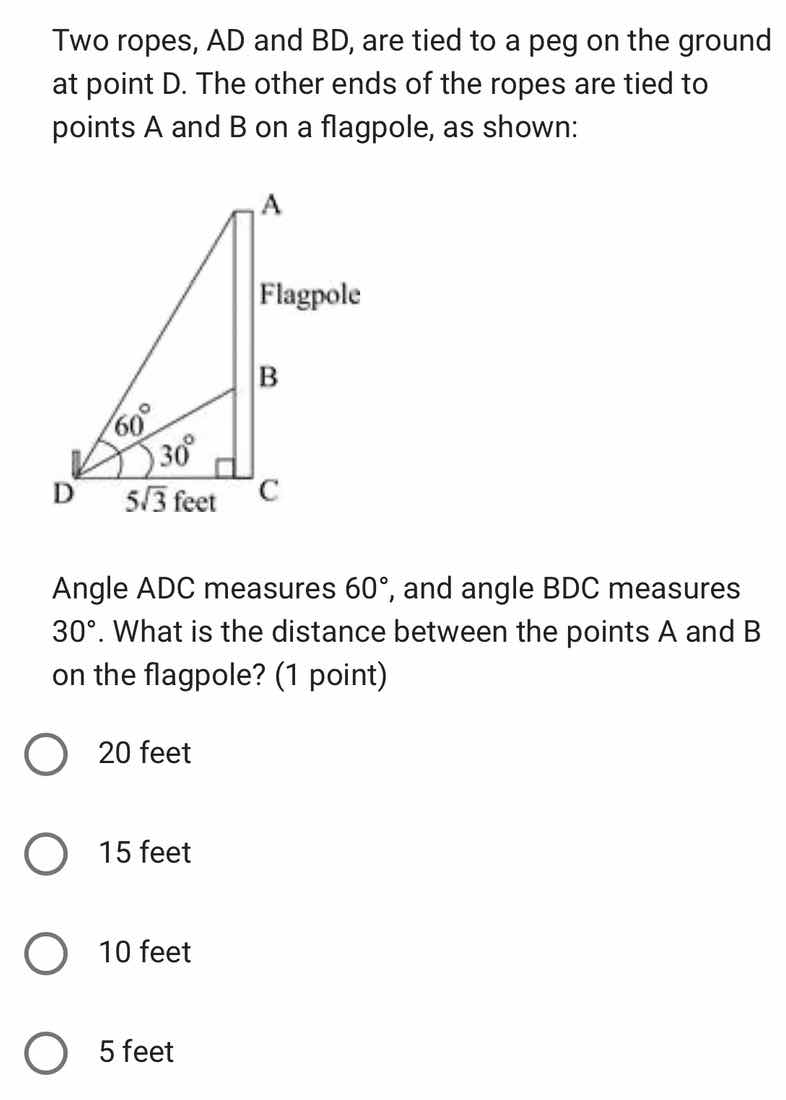 two ropes, ad and bd, are tied to a peg on the ground at point d. the o…