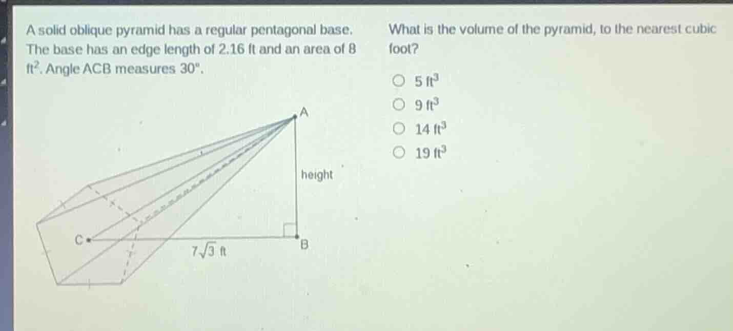 a solid oblique pyramid has a regular pentagonal base. the base has an …