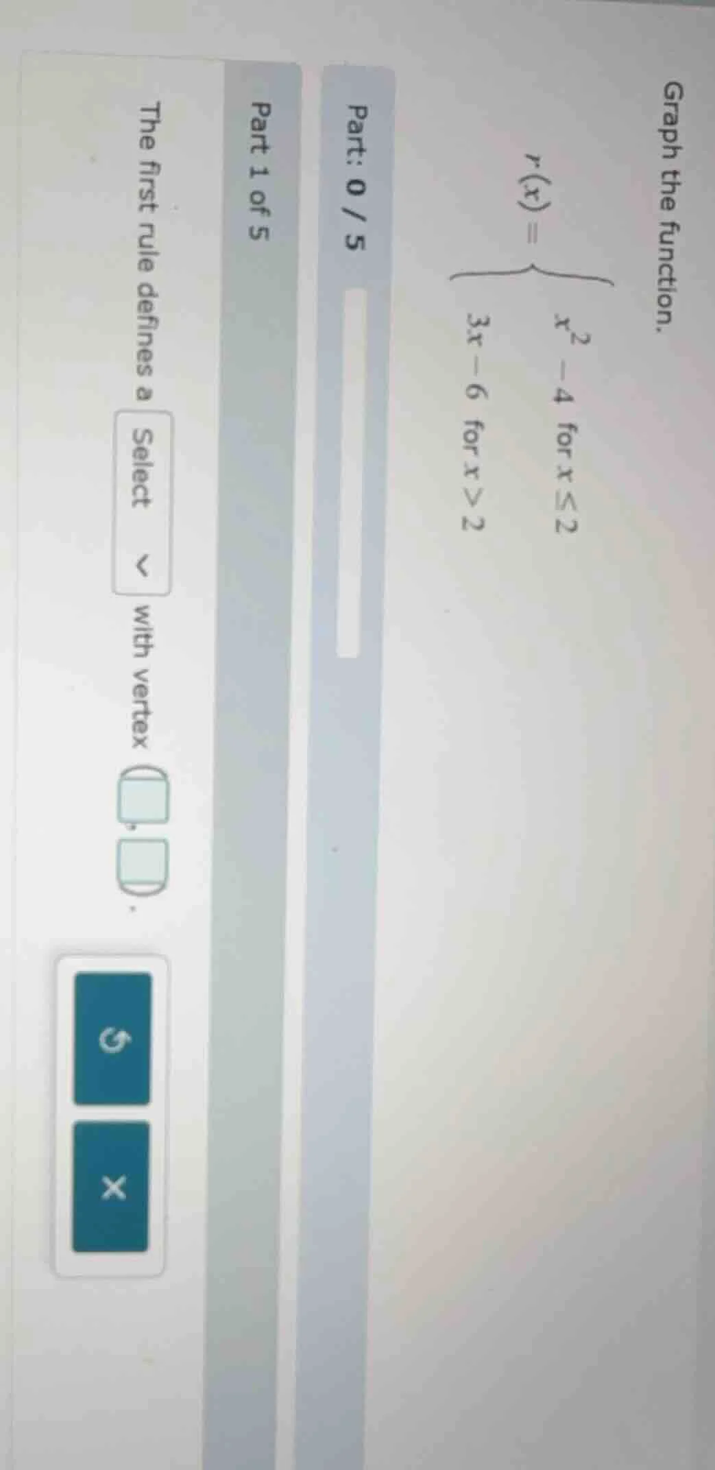 graph the function. ( r(x) = \begin{cases} x^2 - 4 & \text{for } x leq …