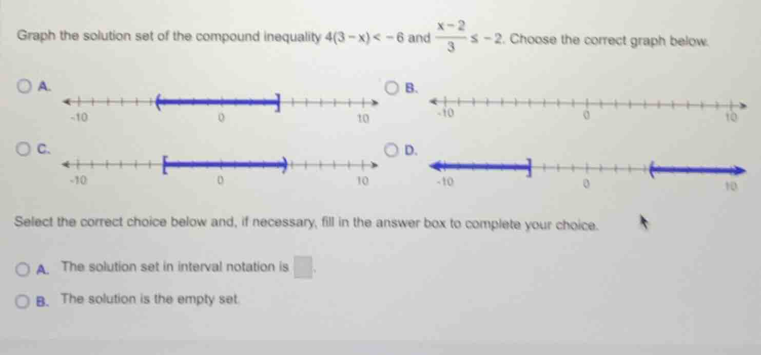 graph the solution set of the compound inequality $4(3 - x) < -6$ and $…
