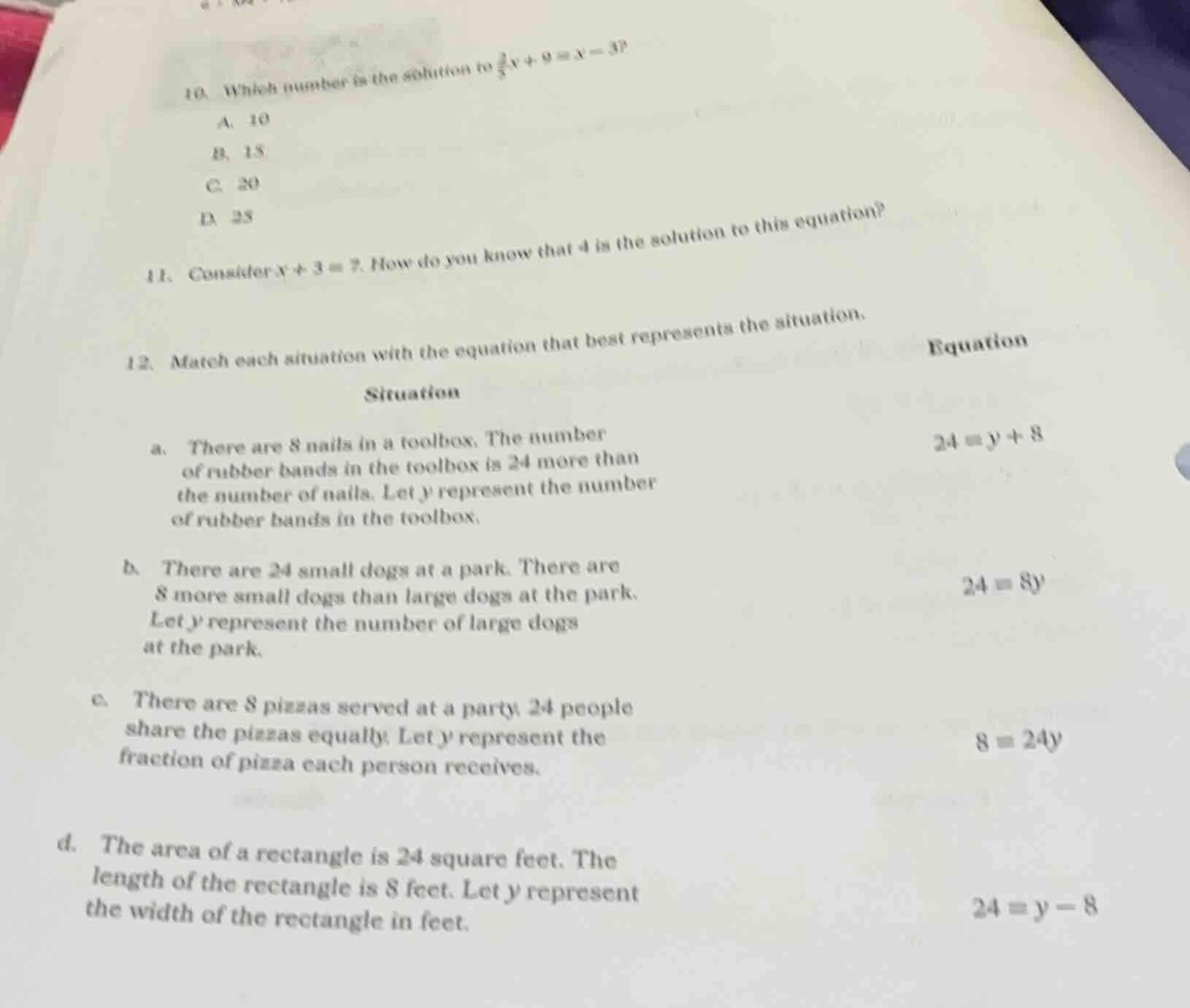 10. which number is the solution to \\(\\frac{2}{5}x + 9 = x - 3\\)? a.…