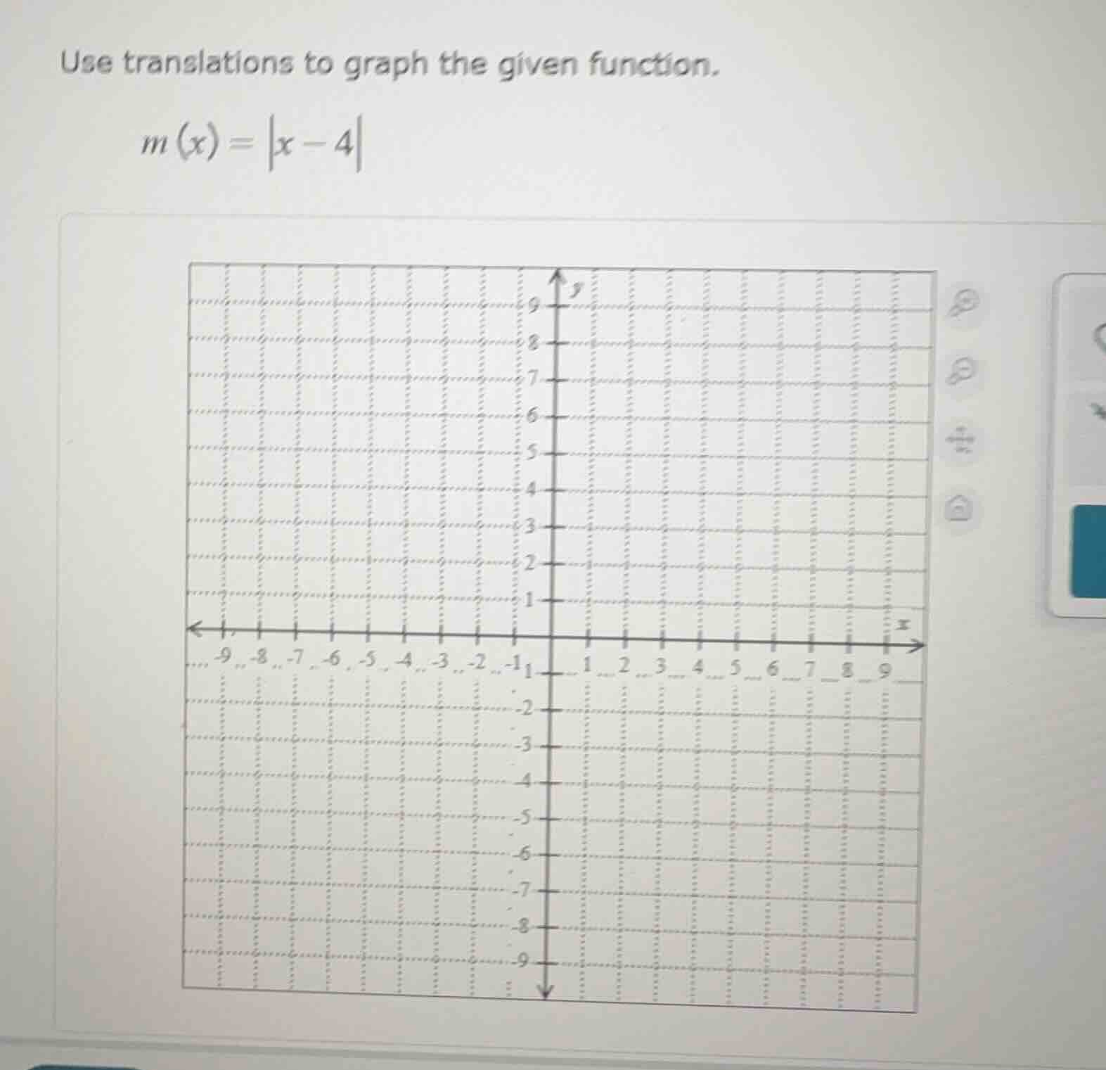 use translations to graph the given function. $m(x)=|x - 4|$