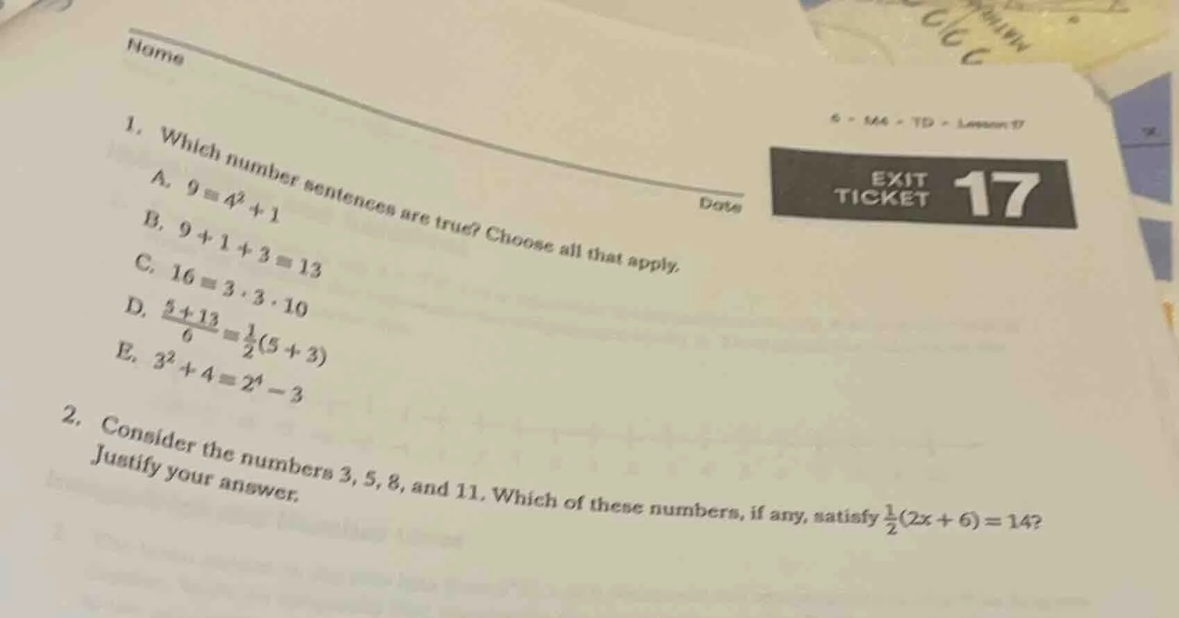 name date 1. which number sentences are true? choose all that apply. a.…