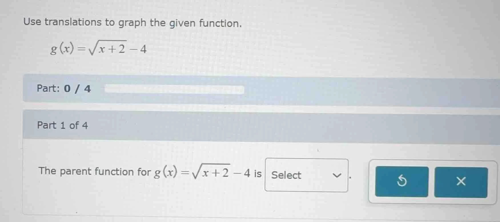 use translations to graph the given function.\\( g(x) = sqrt{x + 2} - 4…