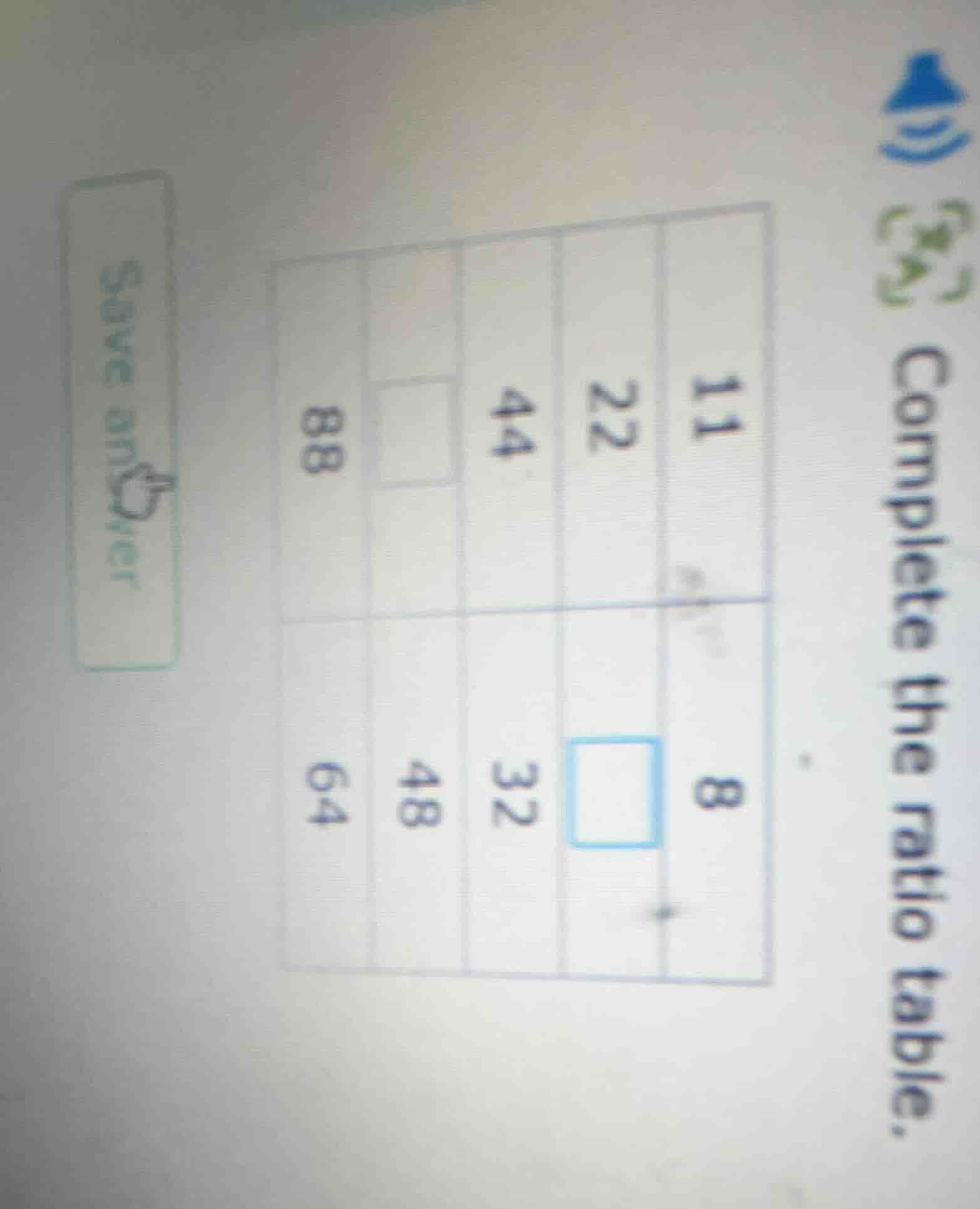 complete the ratio table. 11 22 44 88 8 32 48 64