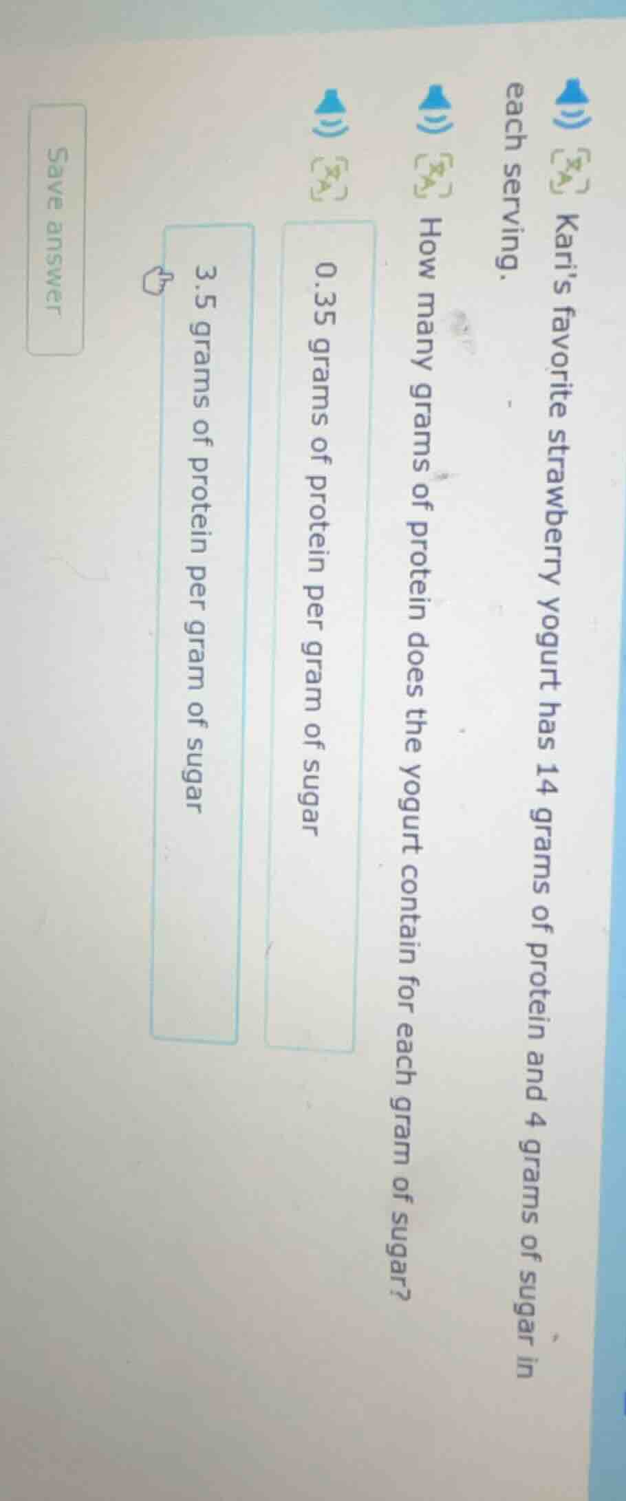 karis favorite strawberry yogurt has 14 grams of protein and 4 grams of…