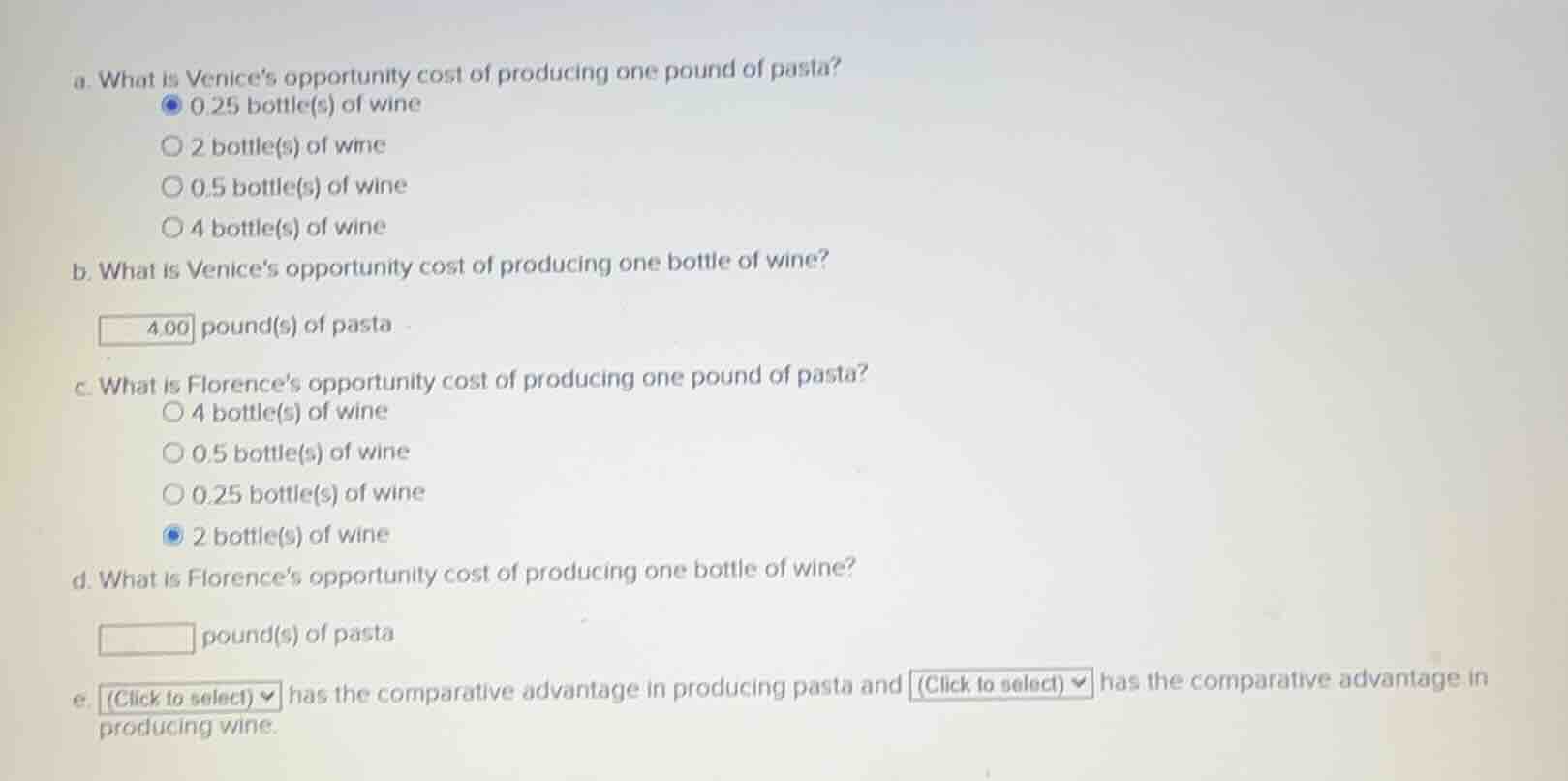 a. what is venices opportunity cost of producing one pound of pasta? 0.…