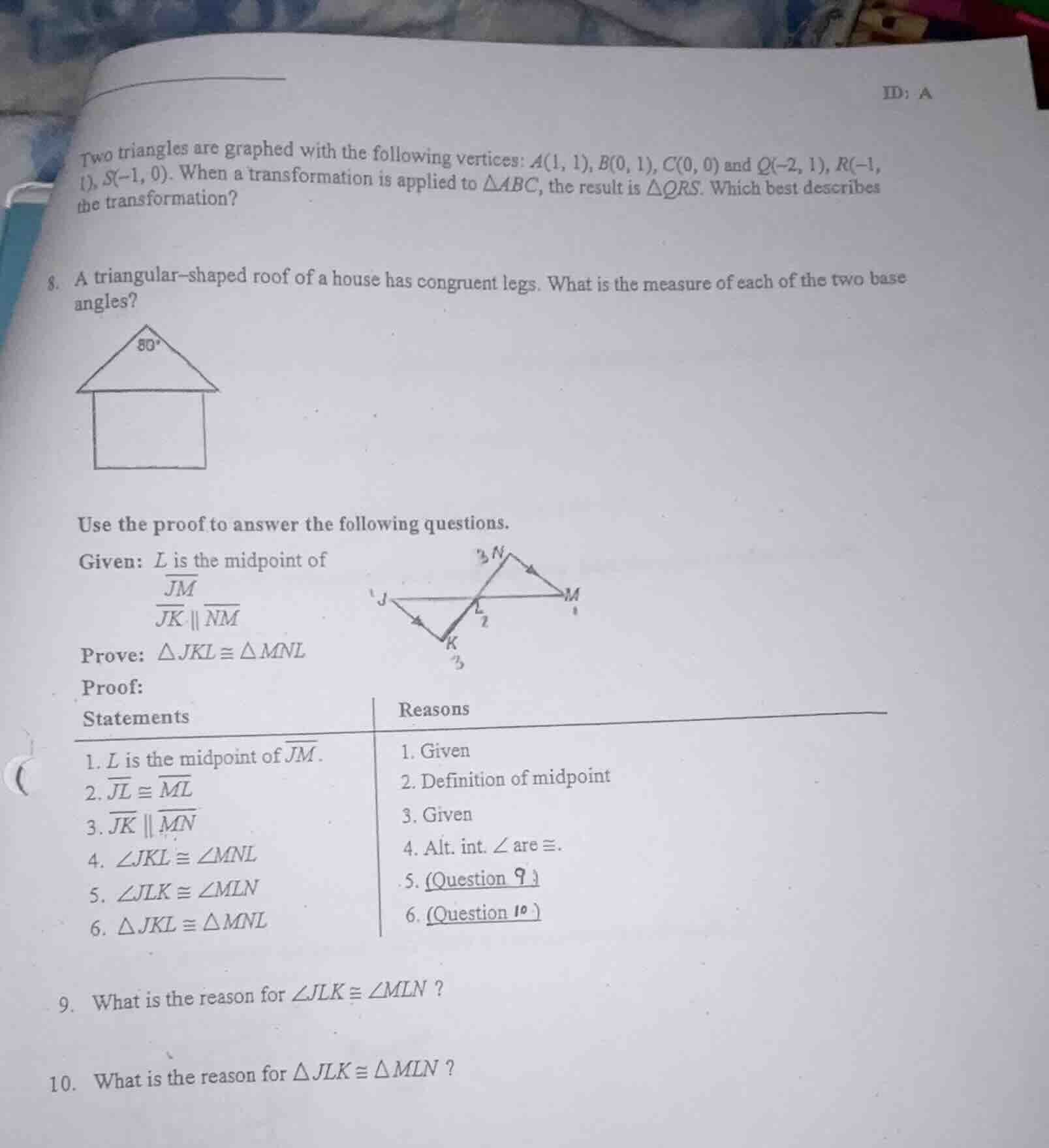 two triangles are graphed with the following vertices: a(1, 1), b(0, 1)…