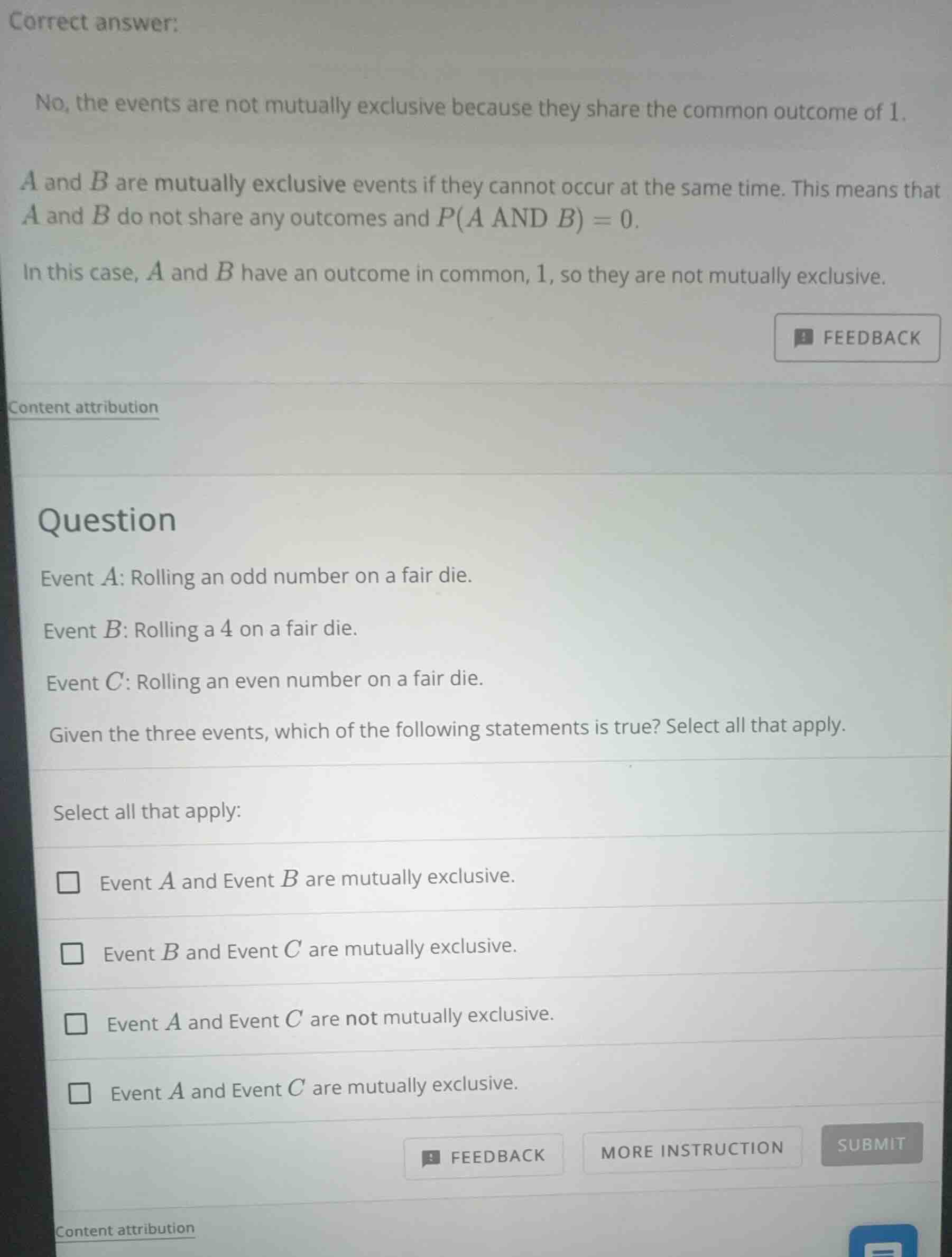 question event a: rolling an odd number on a fair die. event b: rolling…