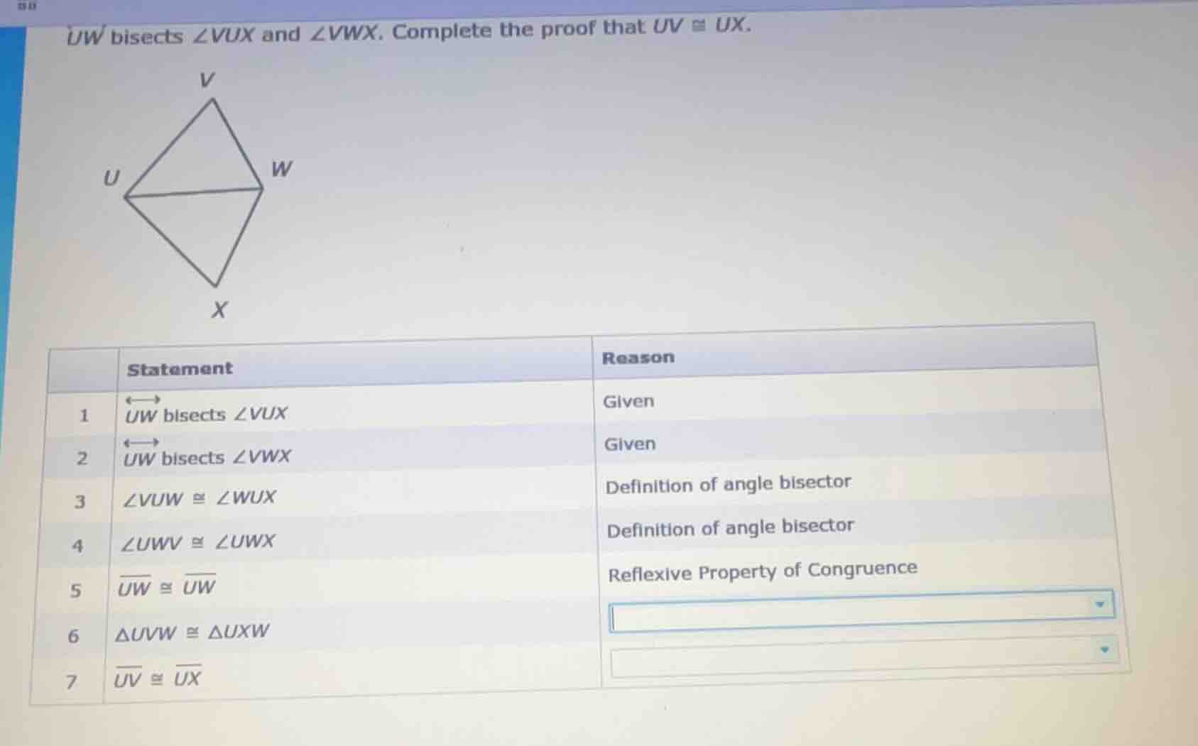 uw bisects ∠vux and ∠vwx. complete the proof that ( overline{uv} cong o…