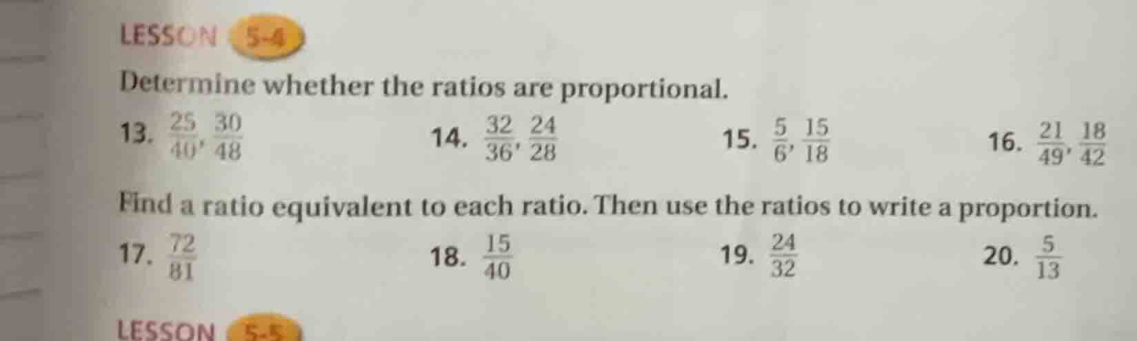 lesson 5-4 determine whether the ratios are proportional. 13. \\(\frac{…