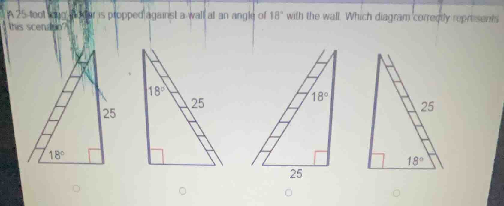 a 25 - foot long ladder is propped against a wall at an angle of 18° wi…