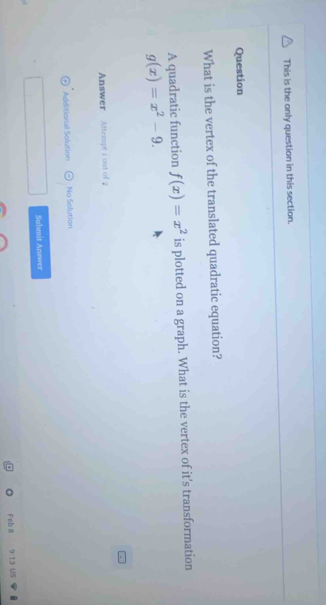 question what is the vertex of the translated quadratic equation? a qua…