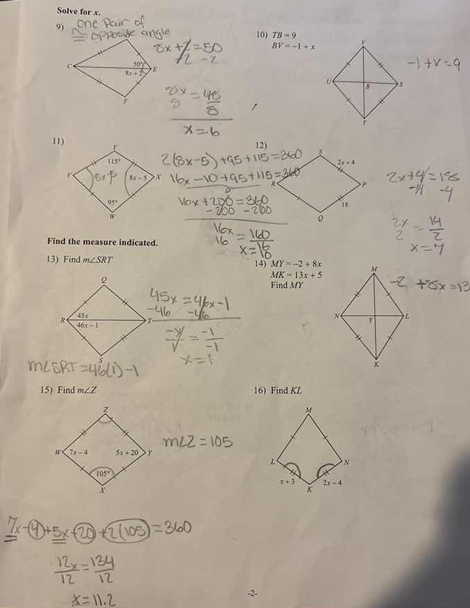 solve for x. 9) 10) ( tb = 9 ) ( by = -1 + x ) 11) 12) find the measure…