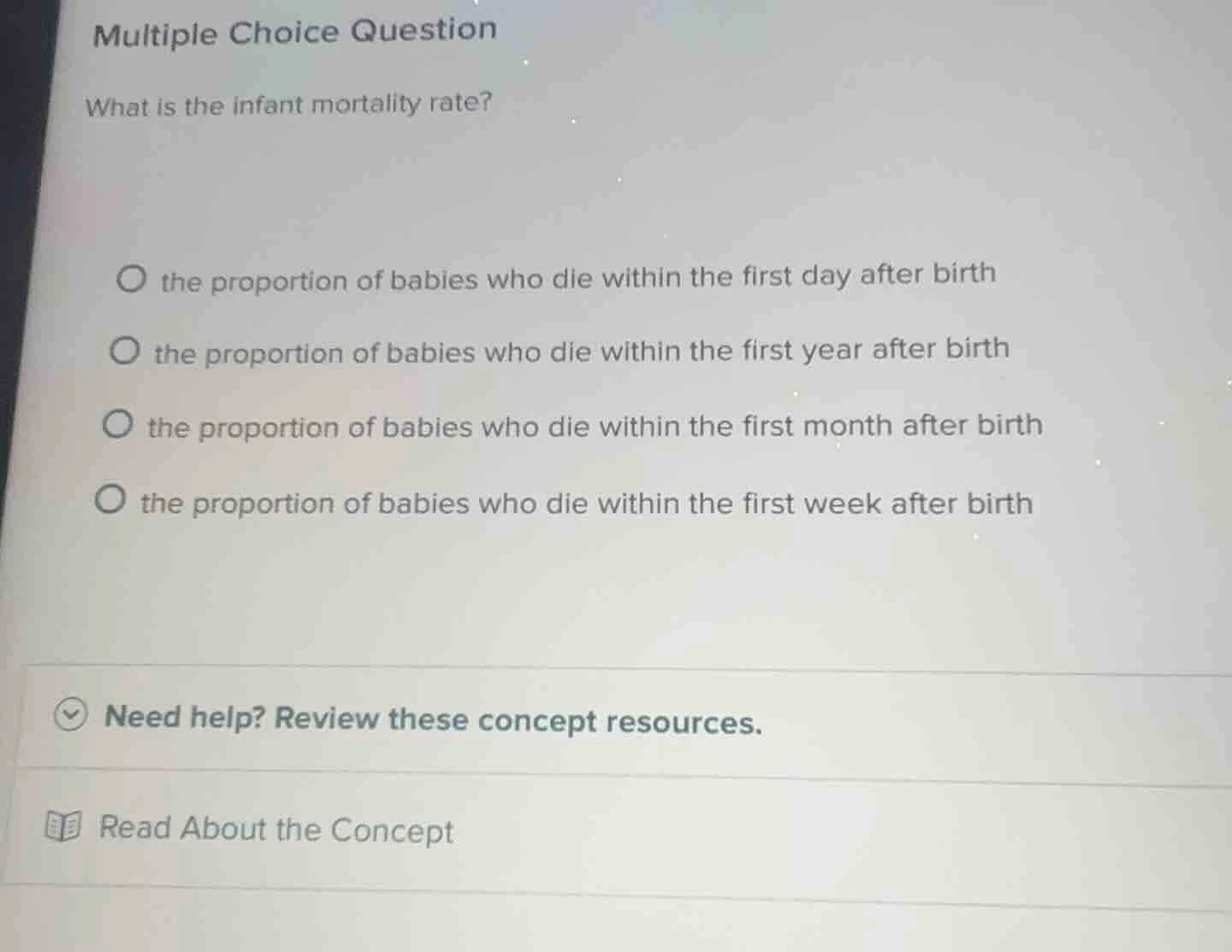 multiple choice question what is the infant mortality rate? the proport…
