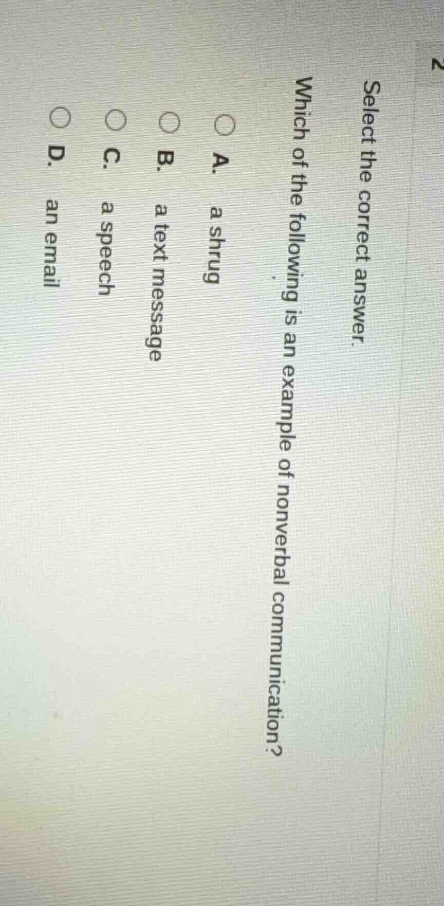 select the correct answer. which of the following is an example of nonv…