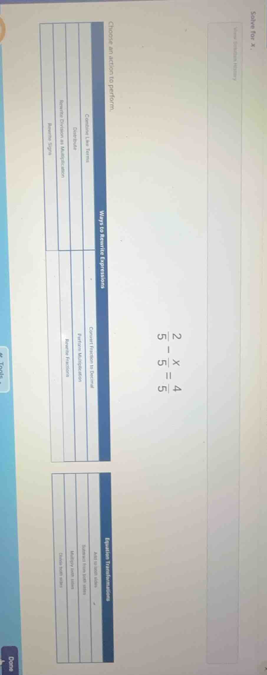 solve for x. \\(\frac{2}{5} - \frac{x}{5} = \frac{4}{5}\\) choose an ac…