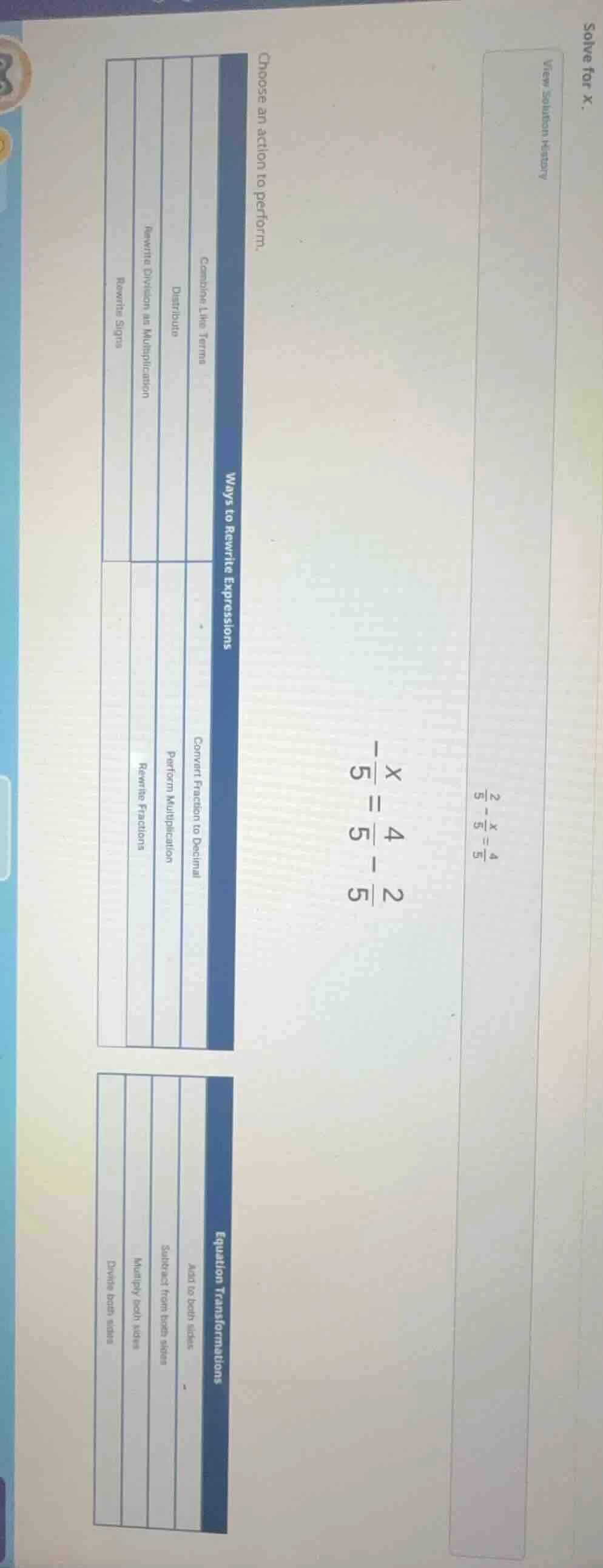 solve for x. \\frac{2}{5} - \\frac{x}{5} = \\frac{4}{5} -\\frac{x}{5} =…