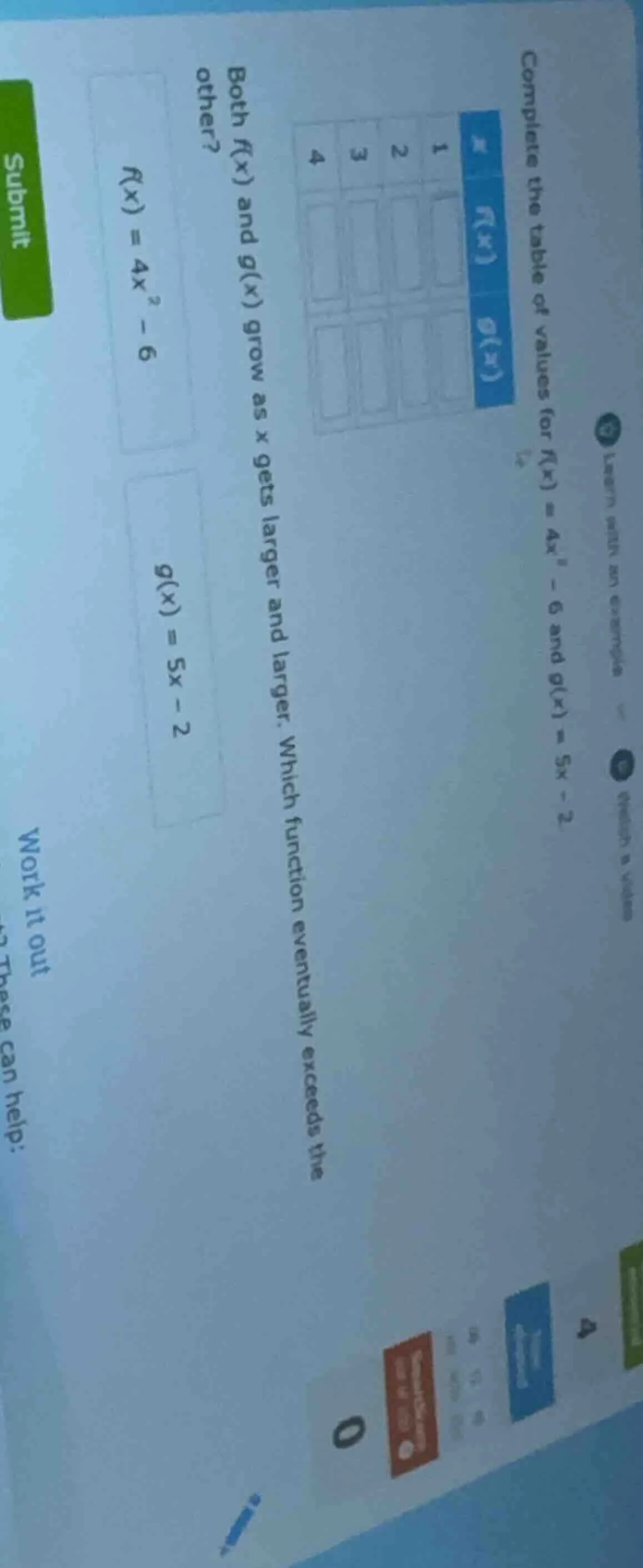 complete the table of values (for ( f(x) = 4x^2 - 6 ) and ( g(x) = 5x -…
