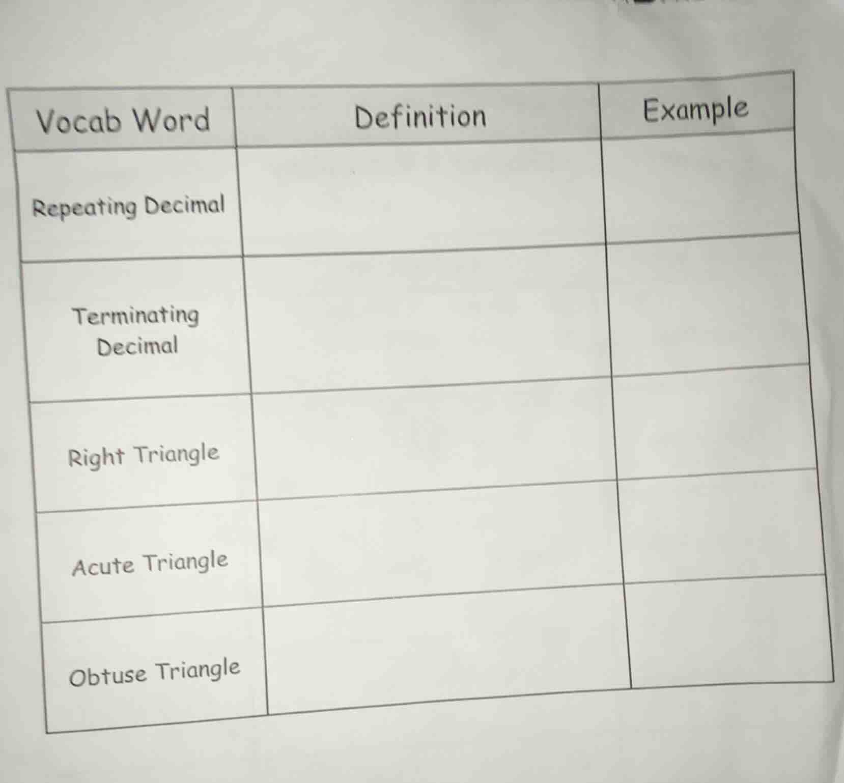 vocab word | definition | example repeating decimal | | terminating dec…