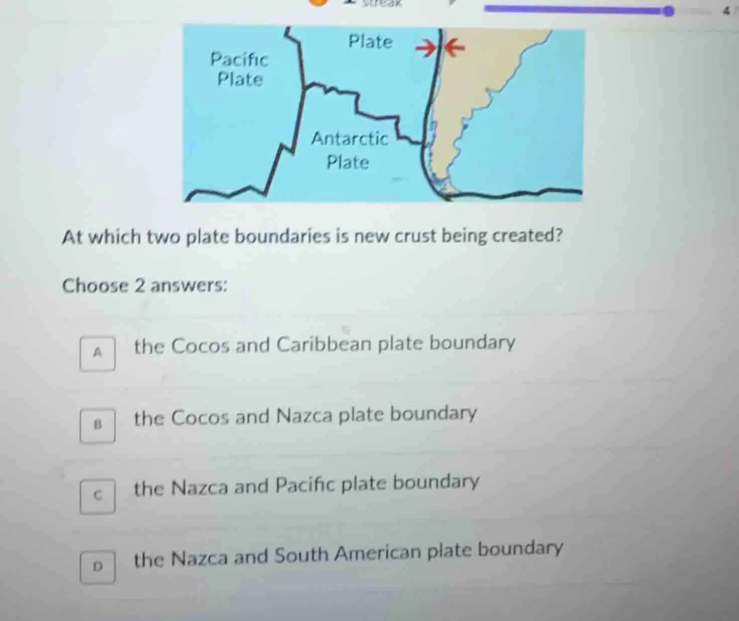 at which two plate boundaries is new crust being created? choose 2 answ…