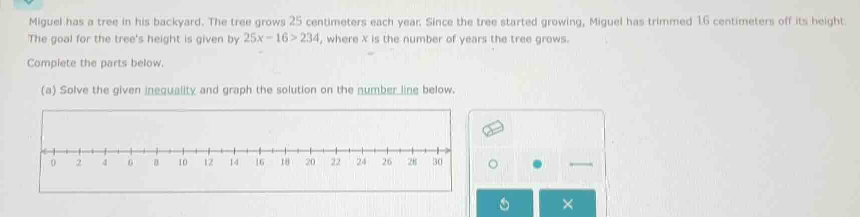 miguel has a tree in his backyard. the tree grows 25 centimeters each y…