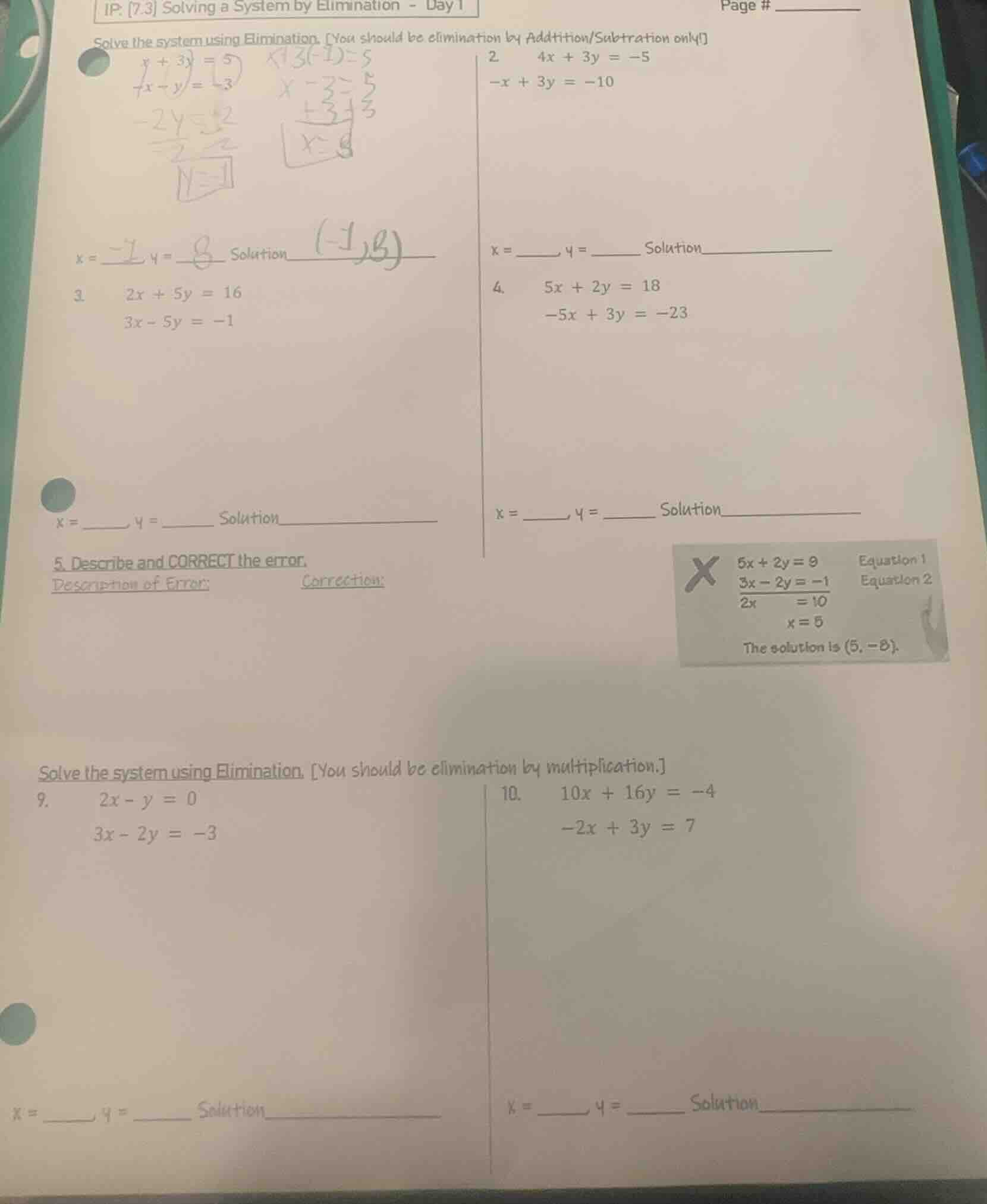 ip: 7.3 solving a system by elimination - day 1 page # solve the system…