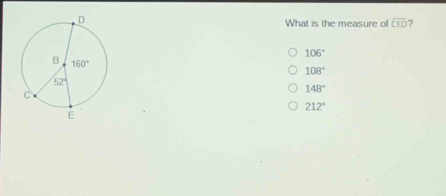 what is the measure of \\(\\overarc{ced}\\)? \\(\\bigcirc\\) \\(106^\\c…