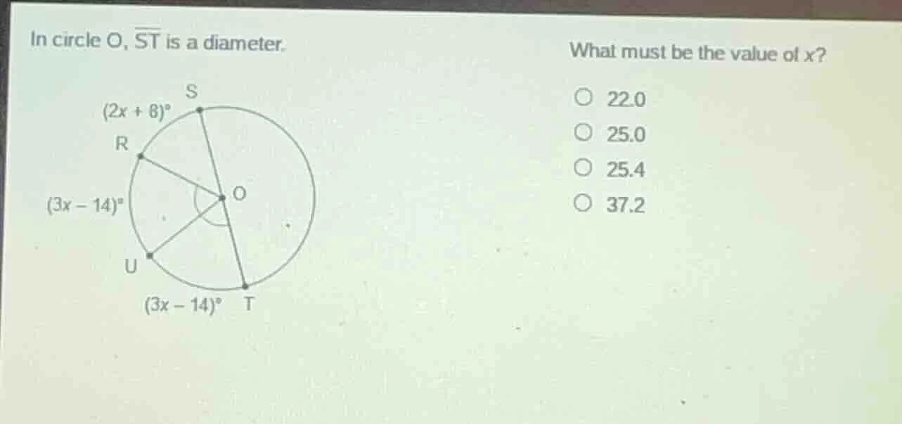 in circle o, \\(\\overline{st}\\) is a diameter. what must be the value…