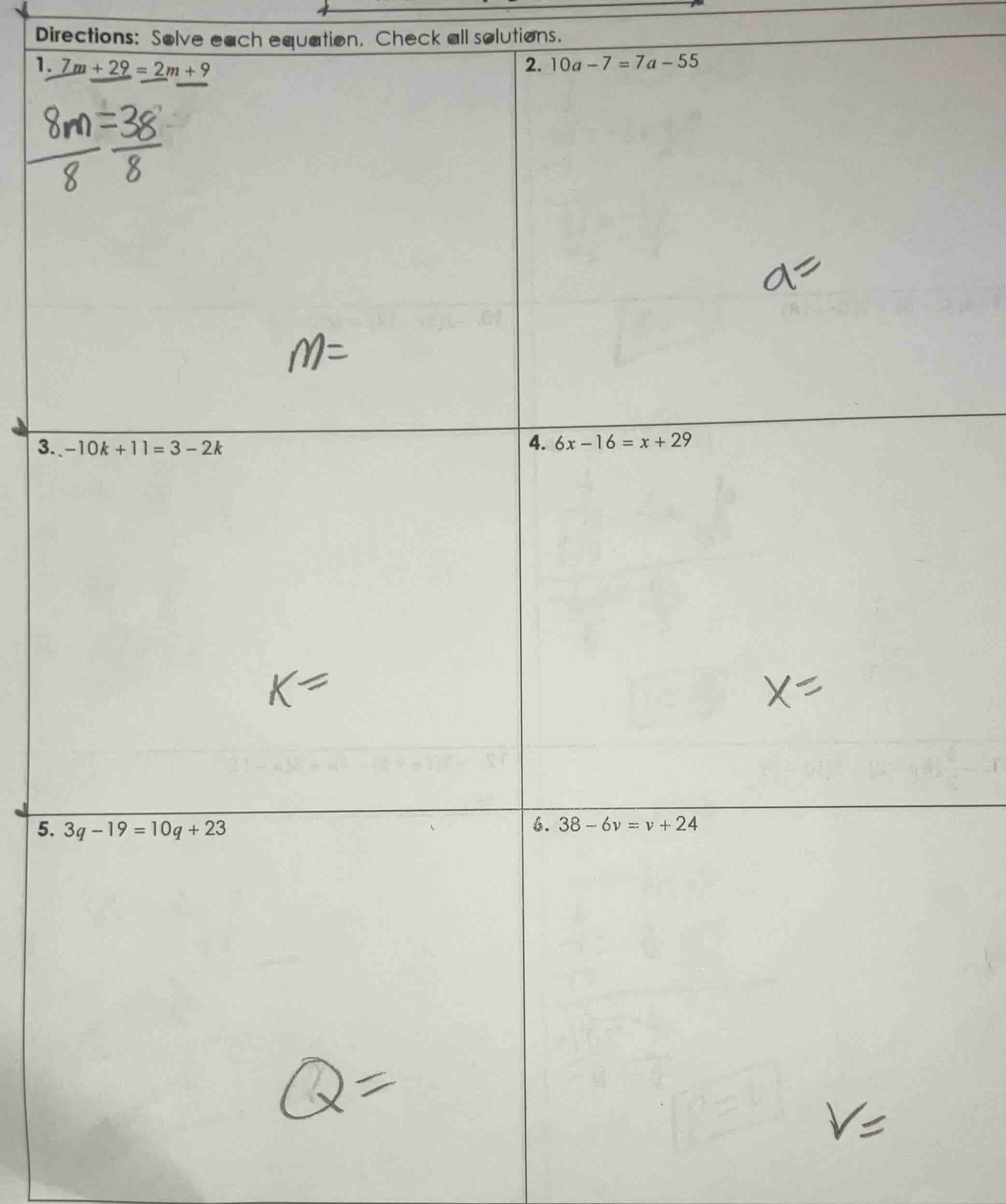 directions: solve each equation. check all solutions. 1. $7m + 29 = 2m …