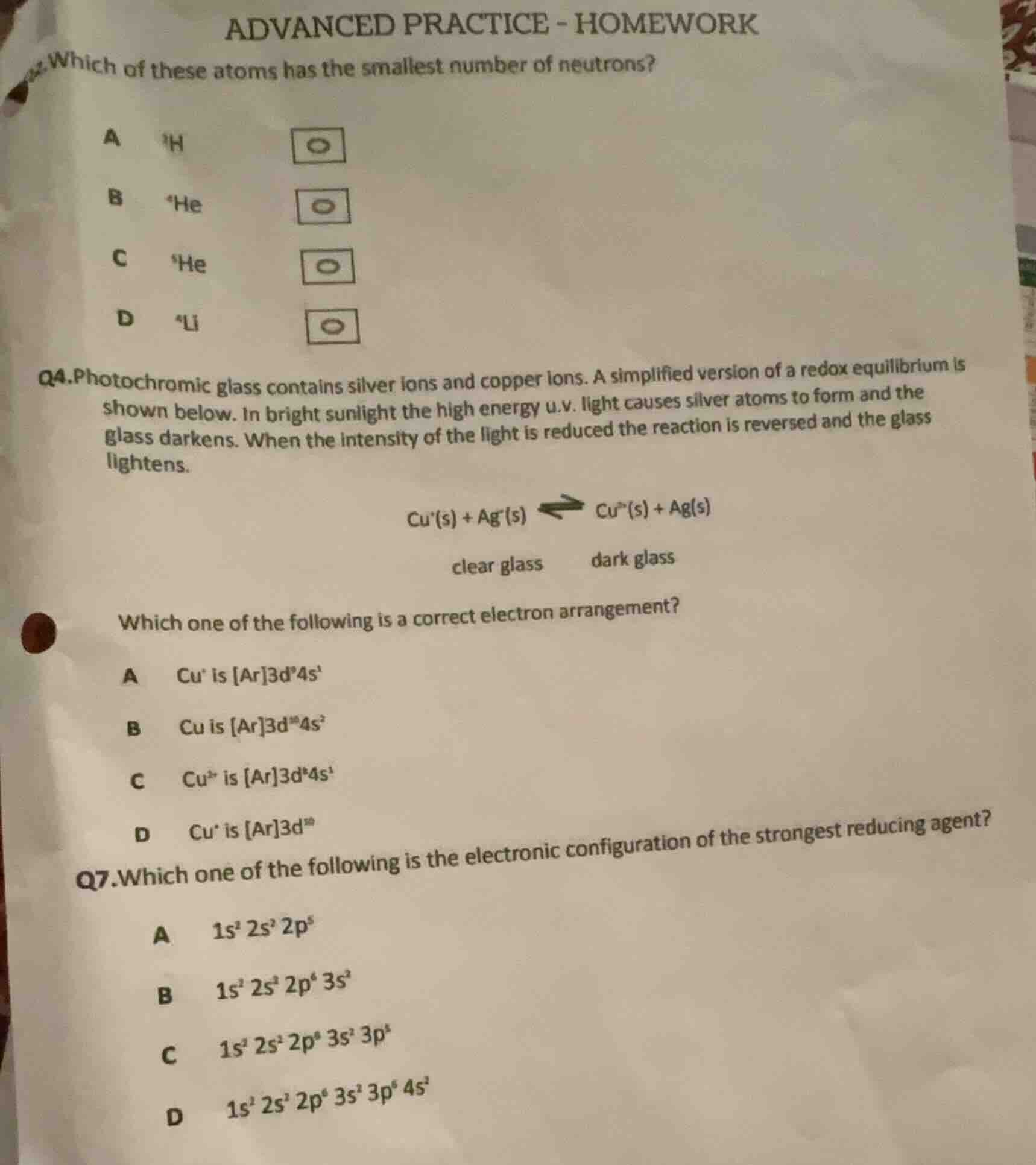 advanced practice - homework which of these atoms has the smallest numb…