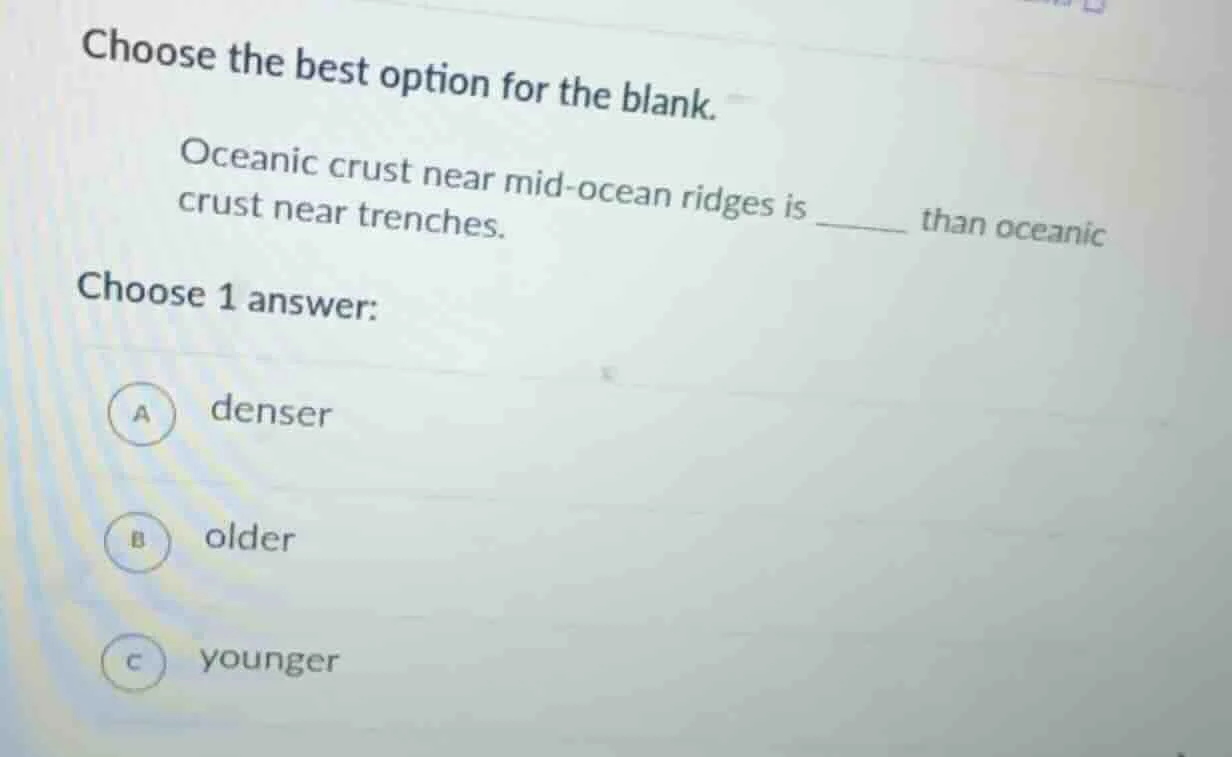choose the best option for the blank. oceanic crust near mid - ocean ri…